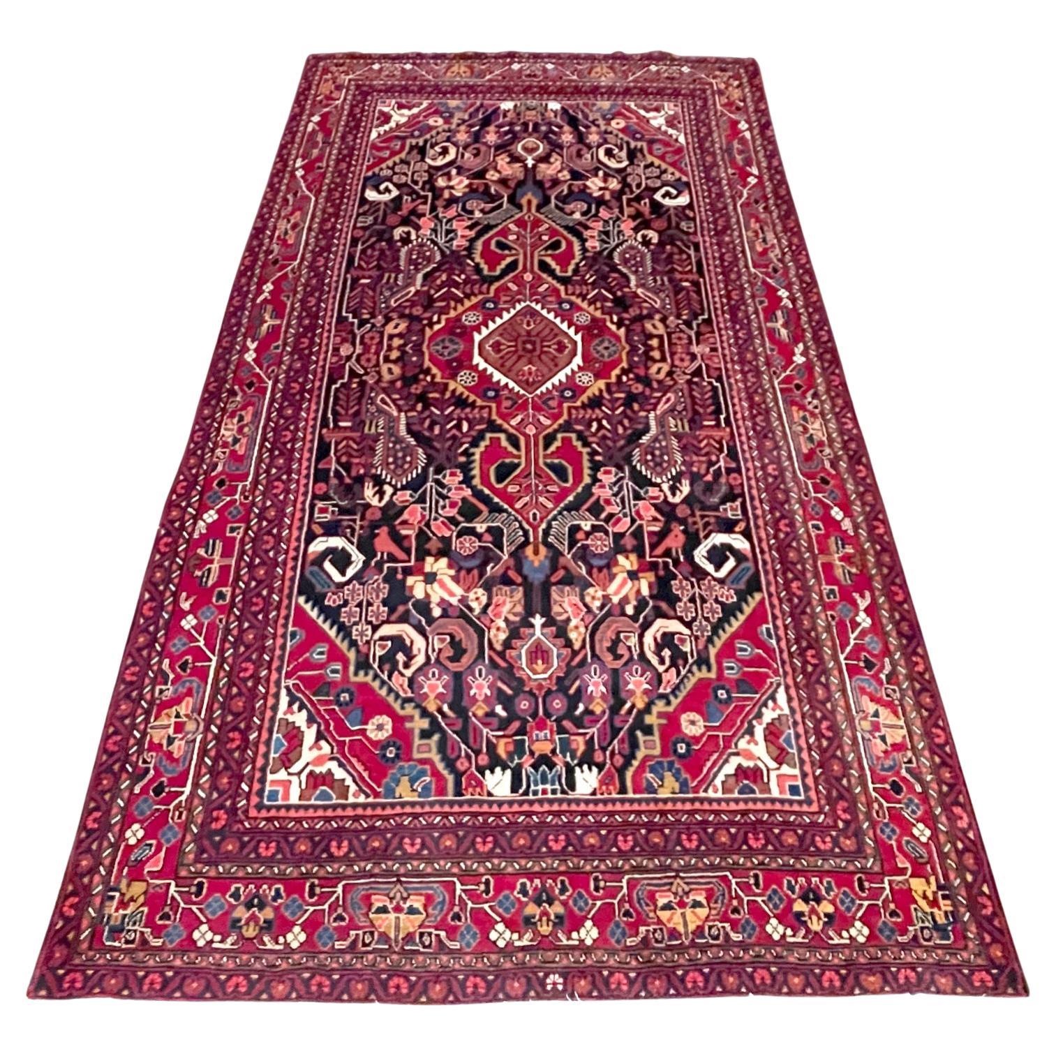 Persian Hand Knotted Tribal Medallion Blue Red Bakhtiari Rug, circa 1960 For Sale