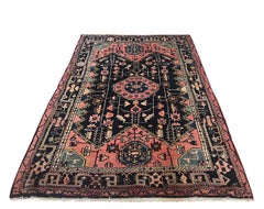 Persian Hand Knotted Tribal Medallion Hamadan Nahavandi Blue Rose Rug circa 1960