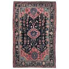 Persian Hand Knotted Tribal Medallion Hamadan Nahavandi Blue Rose Rug circa 1960