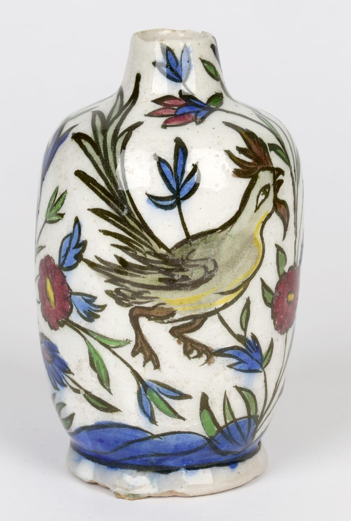 Qatari Persian Hand Painted Earthenware Vase with a Hen and Cockerel For Sale