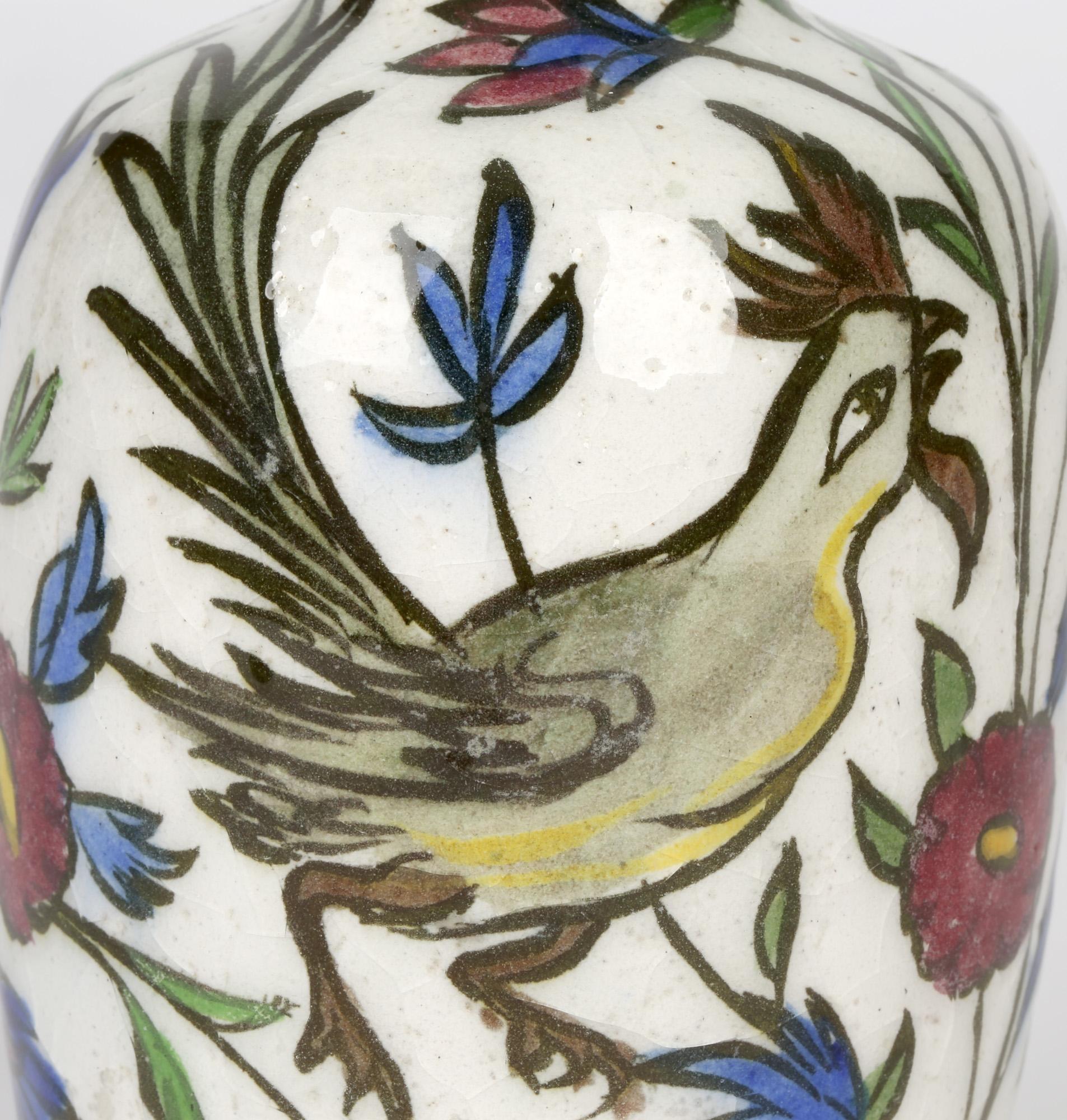 Hand-Crafted Persian Hand Painted Earthenware Vase with a Hen and Cockerel For Sale