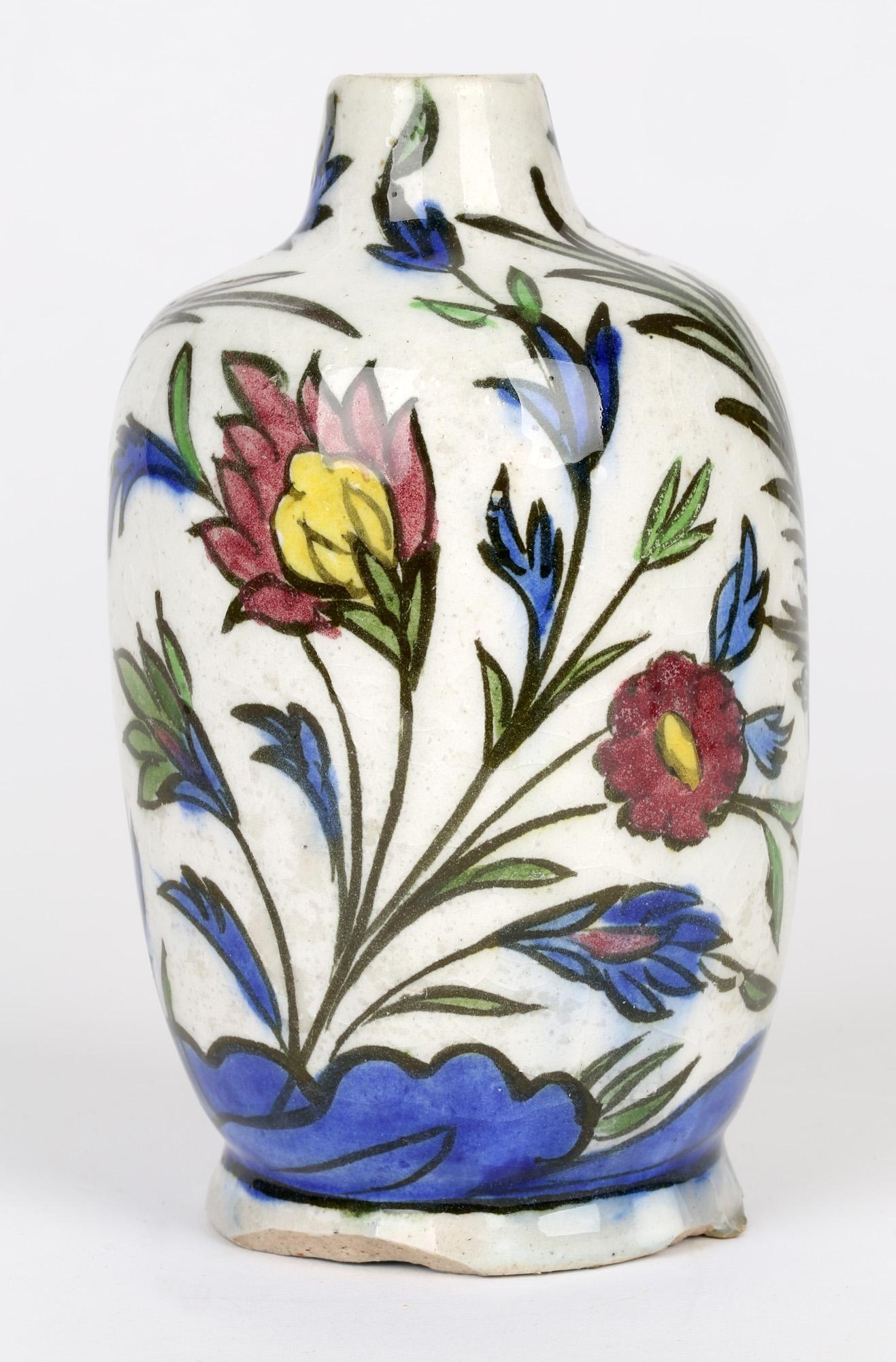 20th Century Persian Hand Painted Earthenware Vase with a Hen and Cockerel For Sale