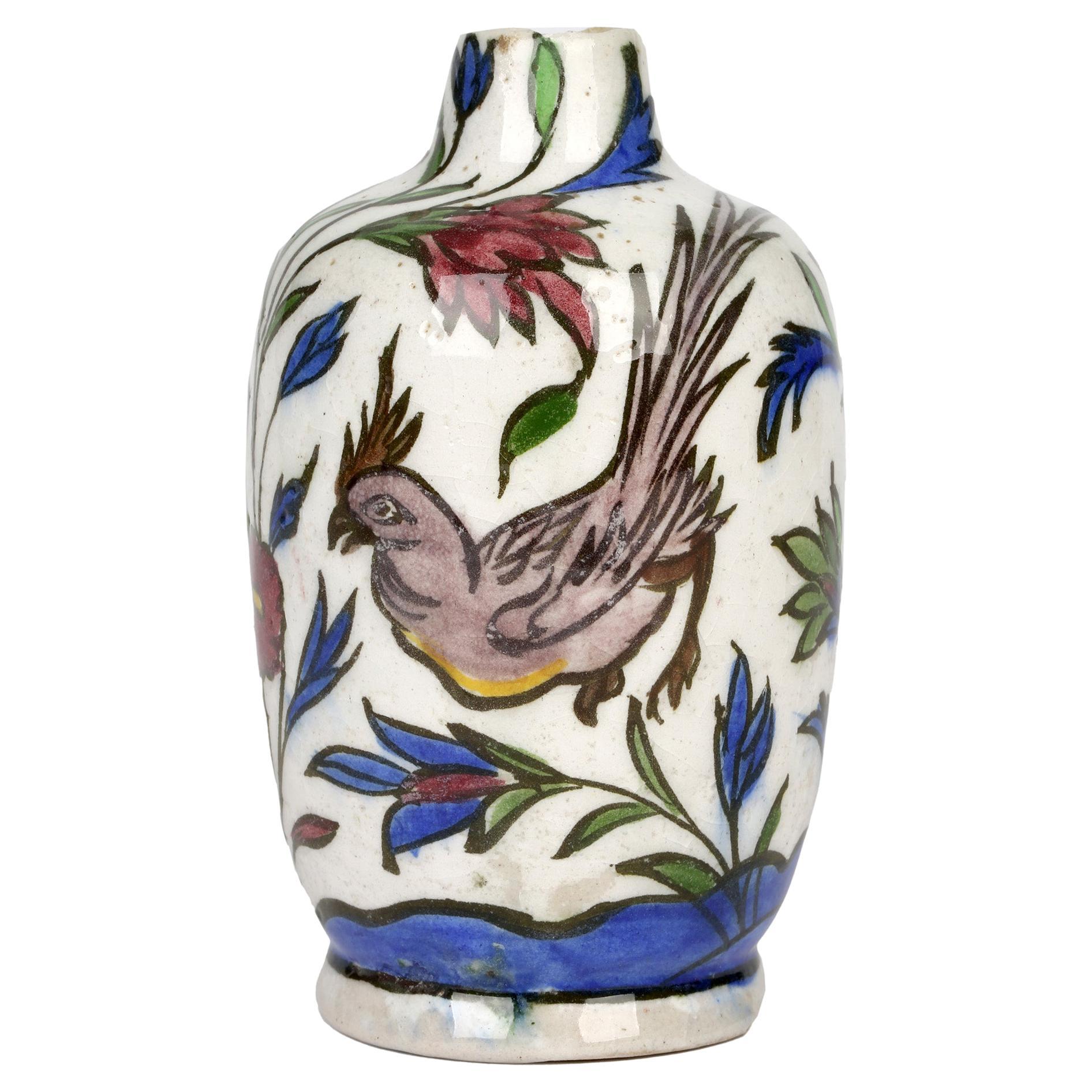 Persian Hand Painted Earthenware Vase with a Hen and Cockerel For Sale