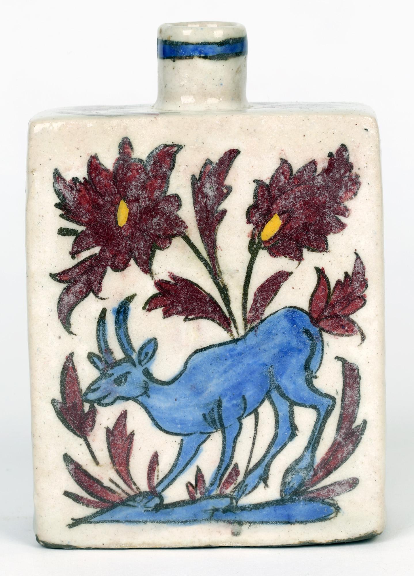 Islamic Persian Hand Painted Earthenware Vase with a Lion and Antelope For Sale