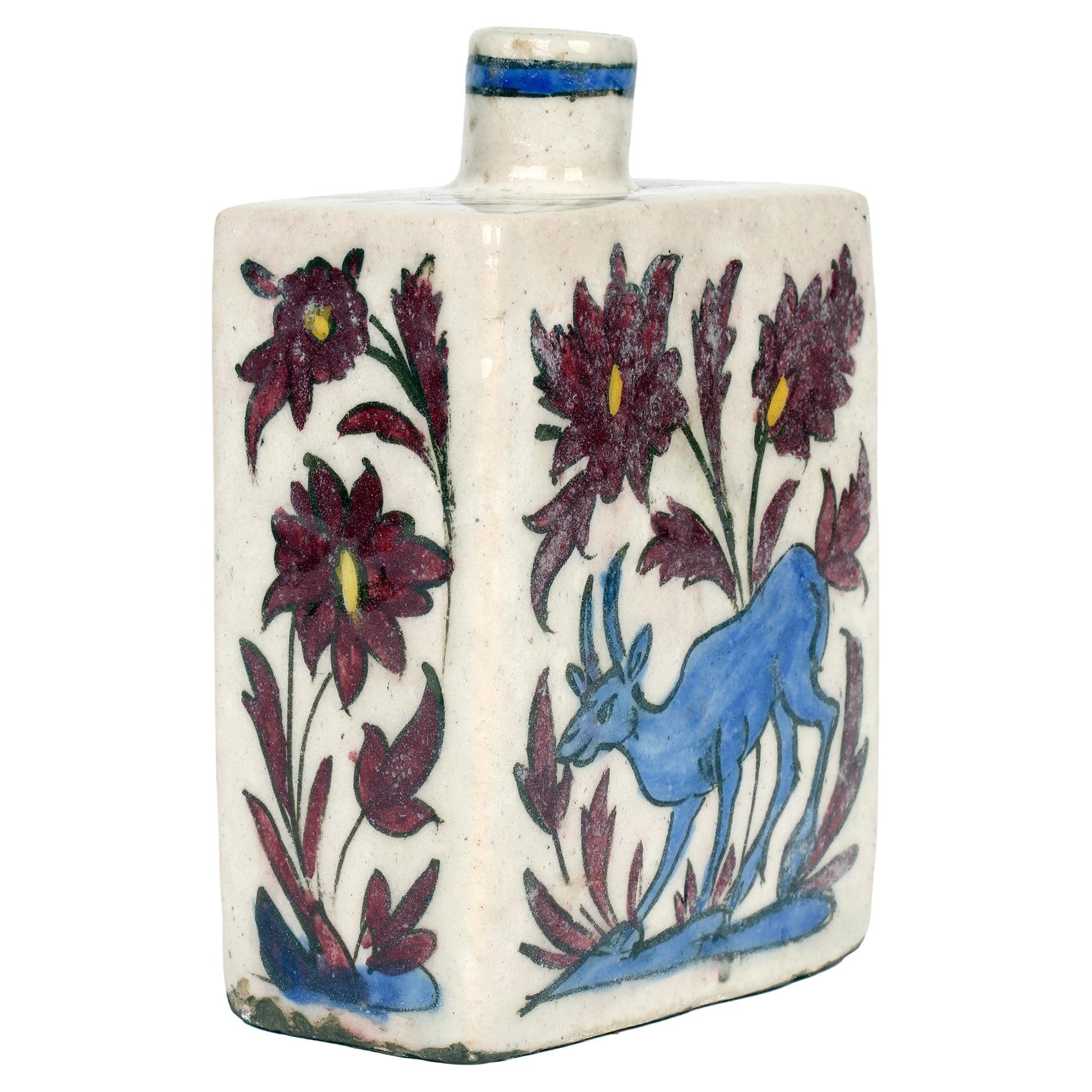 Persian Hand Painted Earthenware Vase with a Lion and Antelope For Sale