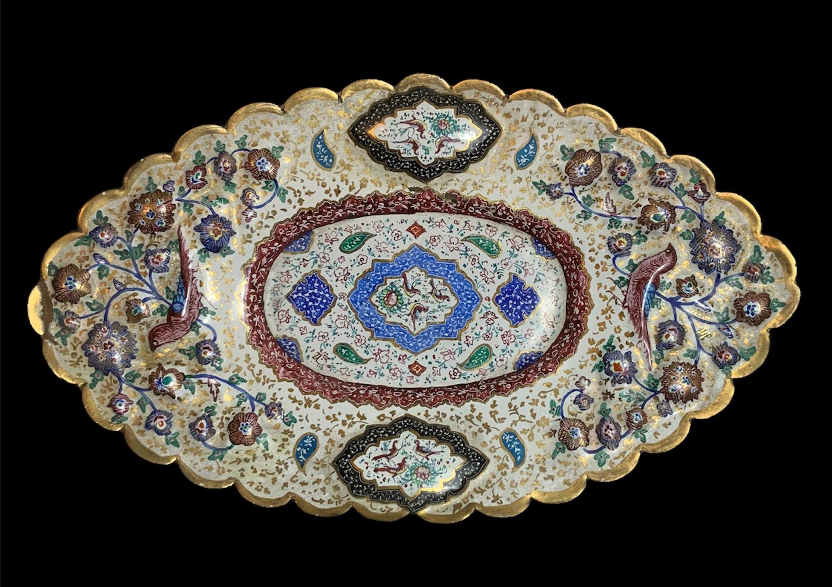 Persian Hand Painted Enameled Copper Kashkul Bowl and Plate 7