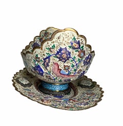 Persian Hand Painted Enameled Copper Kashkul Bowl and Plate
