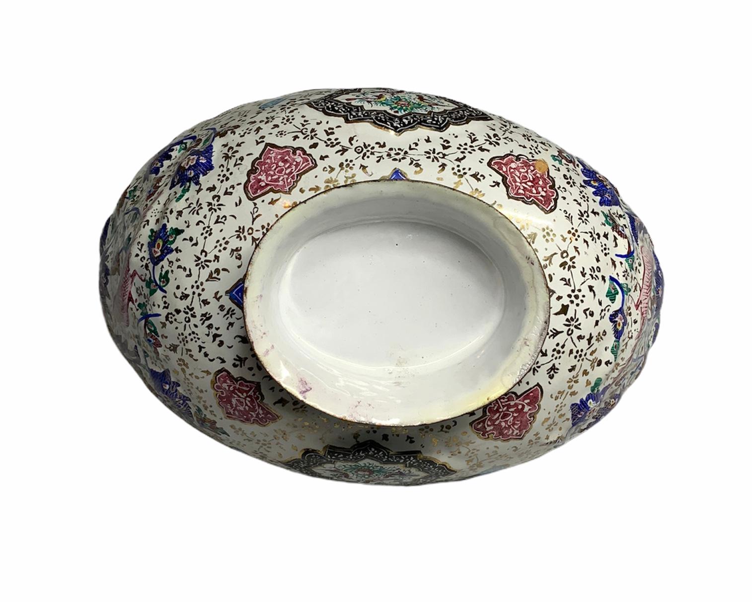 Hand-Painted Persian Hand Painted Enameled Copper Kashkul Bowl and Plate
