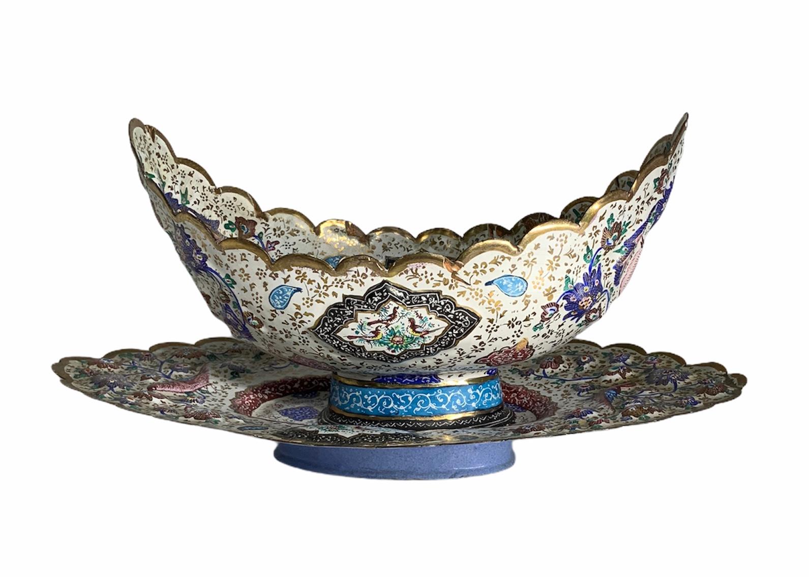 Persian Hand Painted Enameled Copper Kashkul Bowl and Plate 1