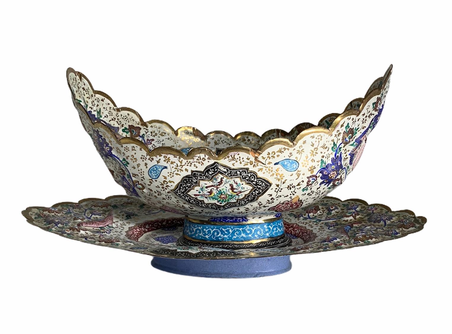 Persian Hand Painted Enameled Copper Kashkul Bowl and Plate 2