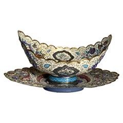 Persian Hand Painted Enameled Copper Kashkul Bowl and Plate