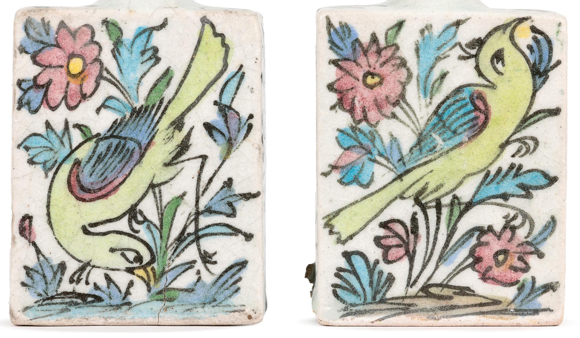 Persian Hand Painted Pair of Vases with Birds and Fish For Sale 5