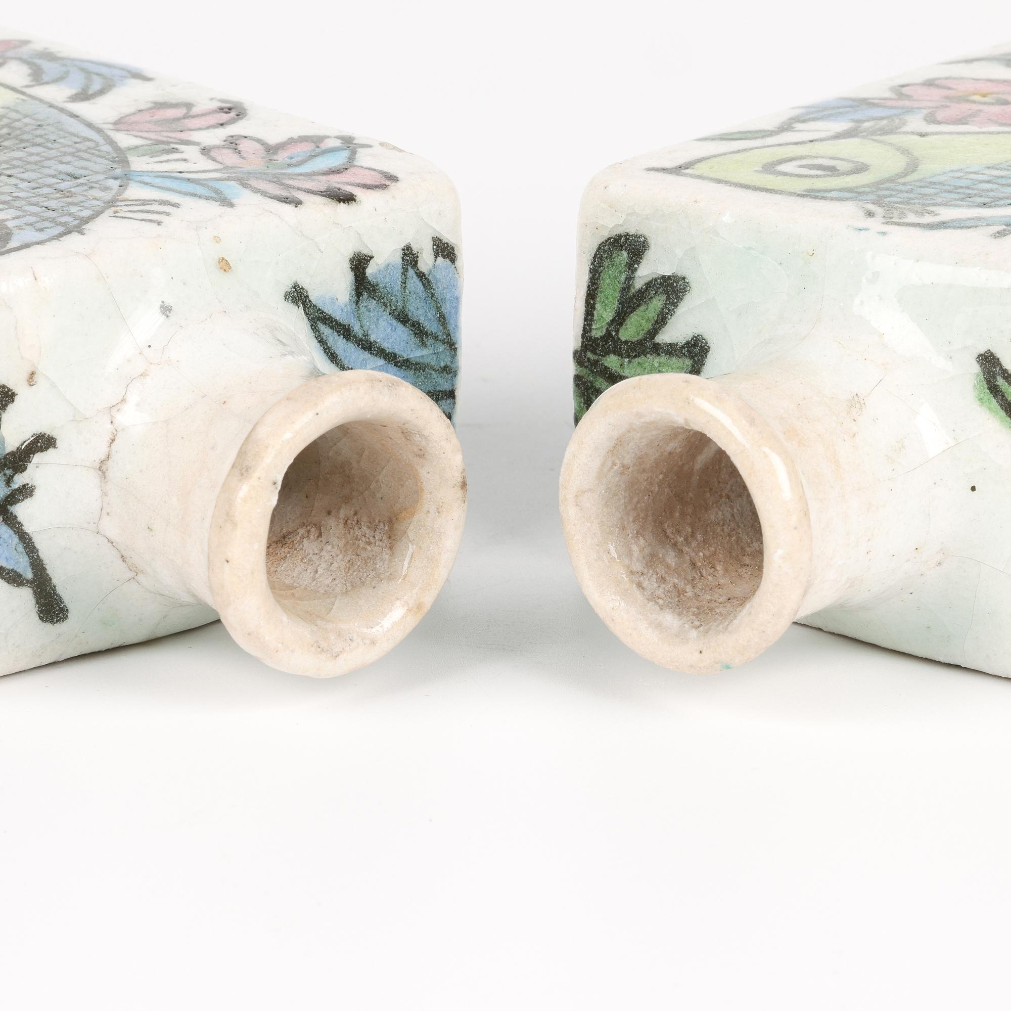 Persian Hand Painted Pair of Vases with Birds and Fish For Sale 8