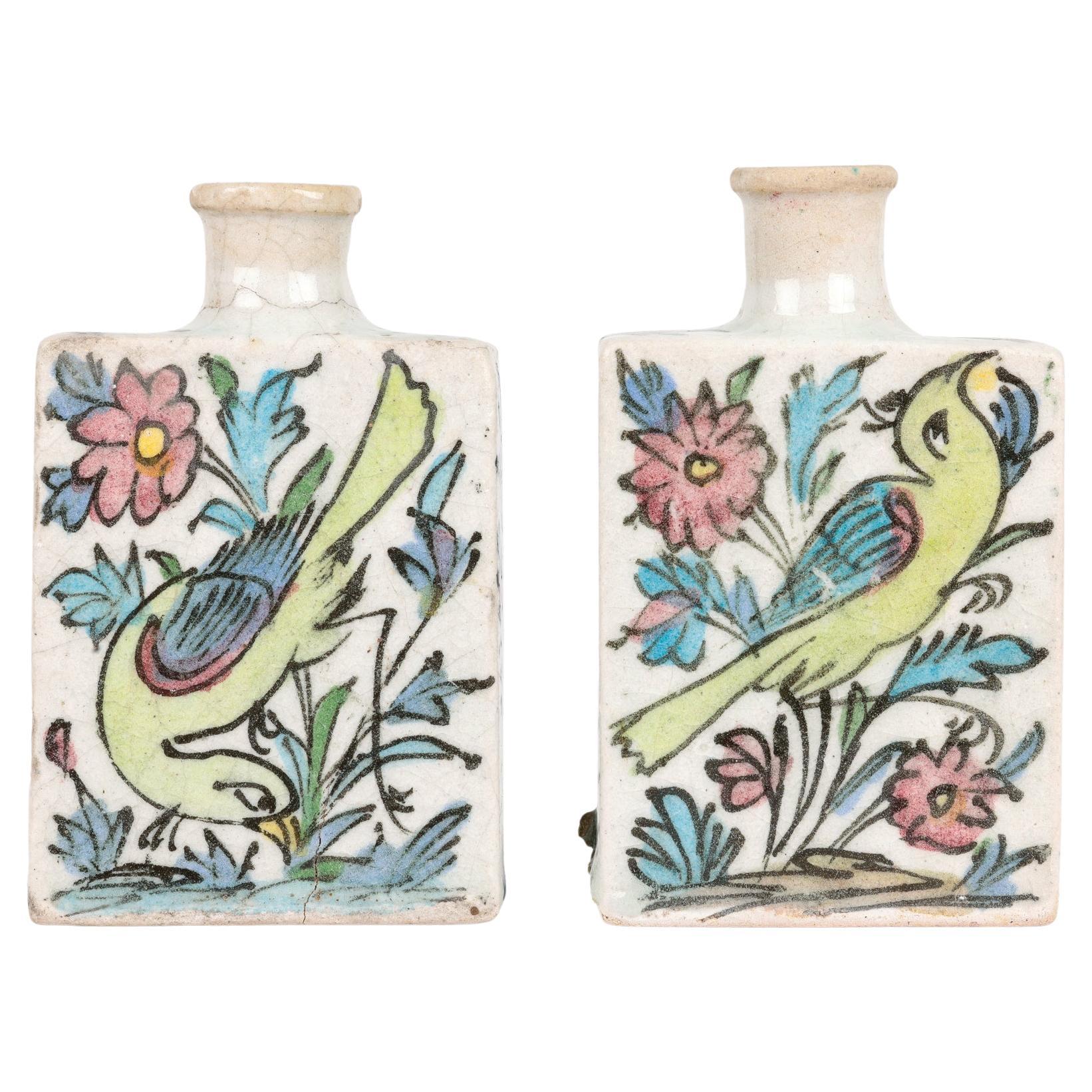 Persian Hand Painted Pair of Vases with Birds and Fish For Sale