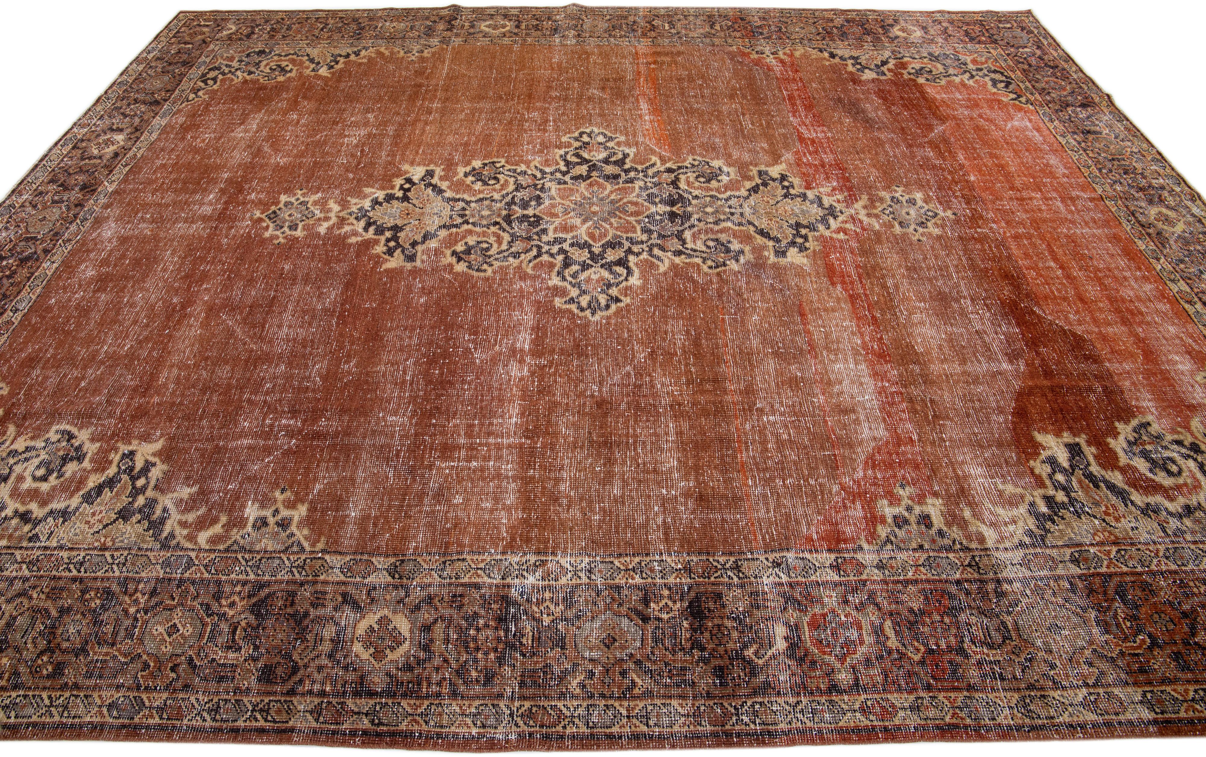Persian Handmade Antique Tabriz Medallion Wool Rug With Copper Color Field In Good Condition For Sale In Norwalk, CT