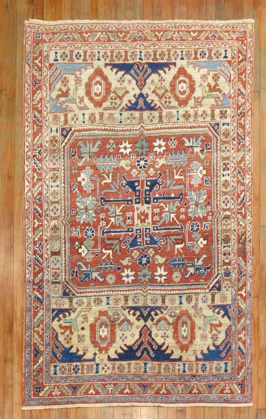 An early 20th century Heriz accent size rug with an unusual non-traditional design in rustic tones

Measures: 4'10'' x 7'1''.