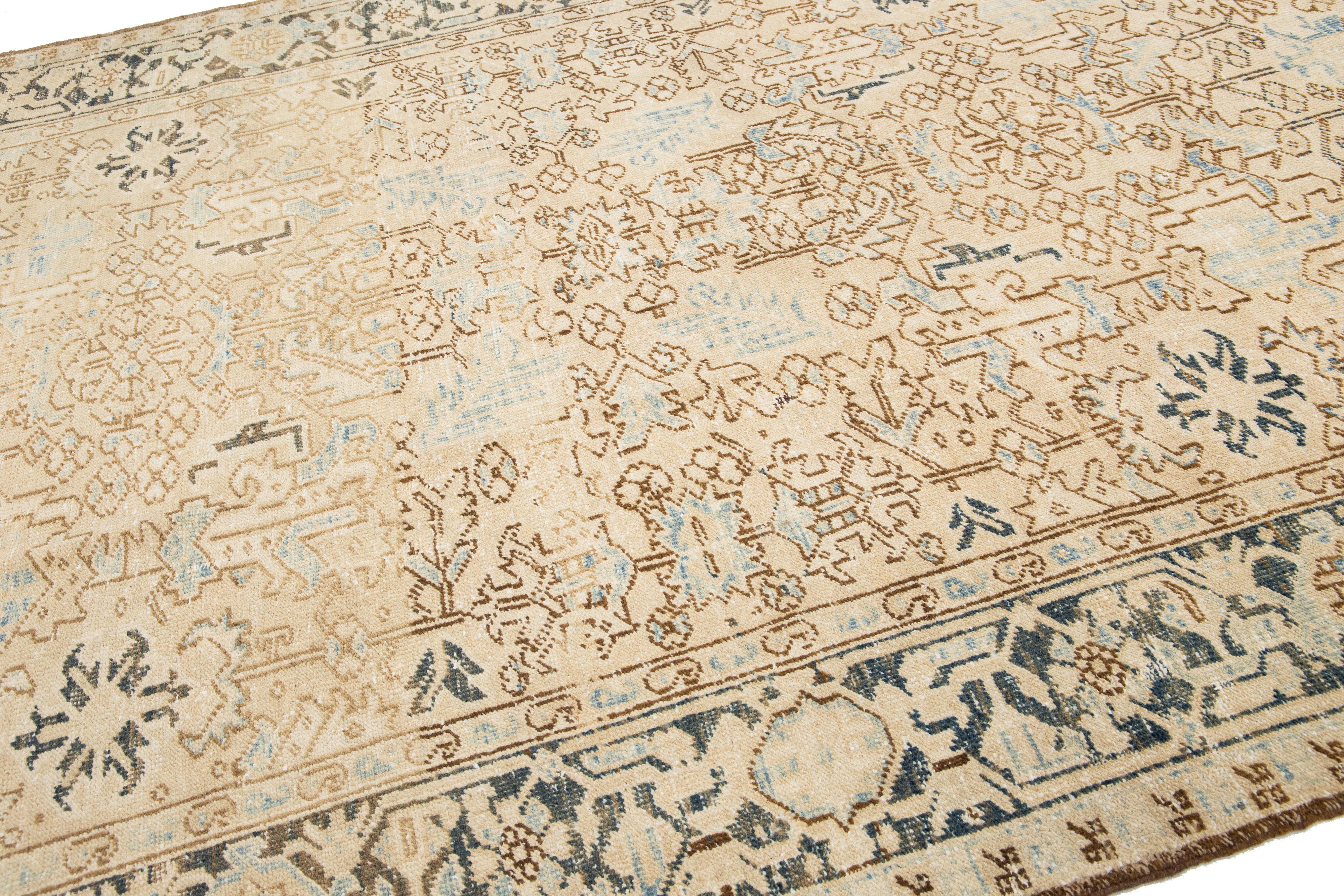 Persian Heriz Antique Shabby Chic Wool Rug In Beige with Allover Design For Sale 4