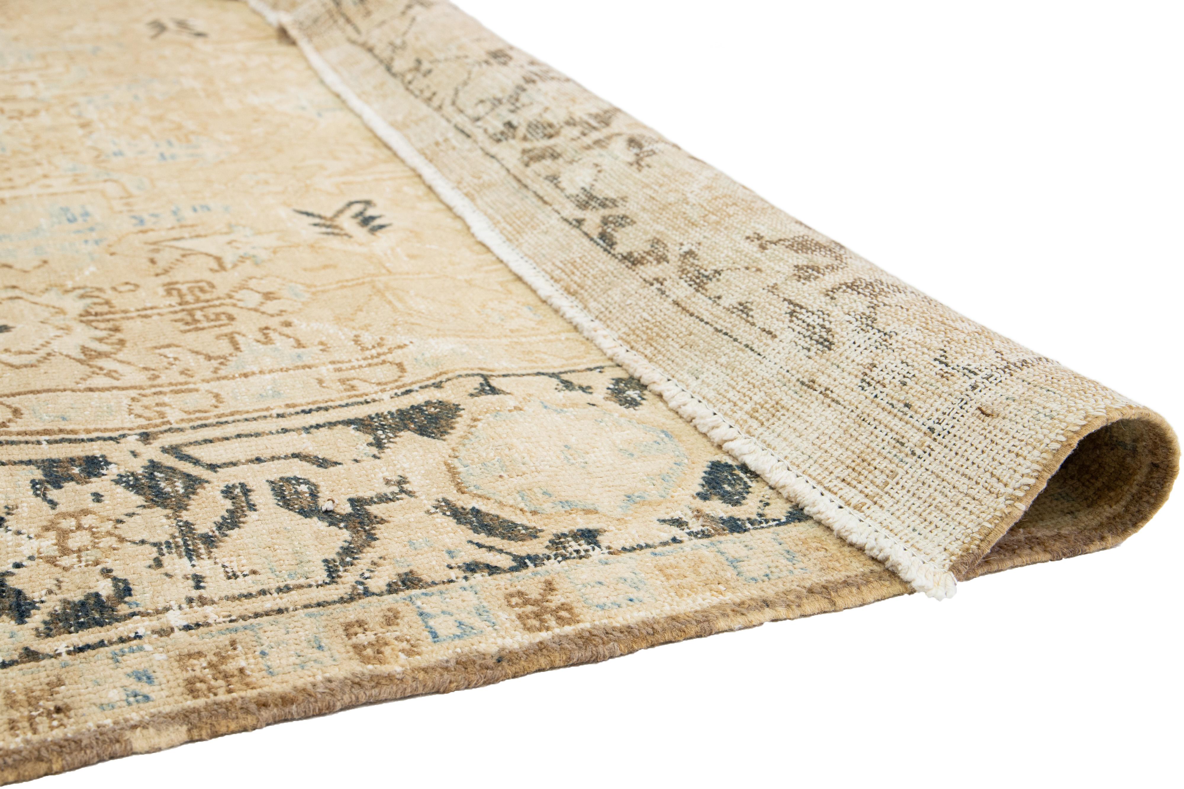Heriz Serapi Persian Heriz Antique Shabby Chic Wool Rug In Beige with Allover Design For Sale