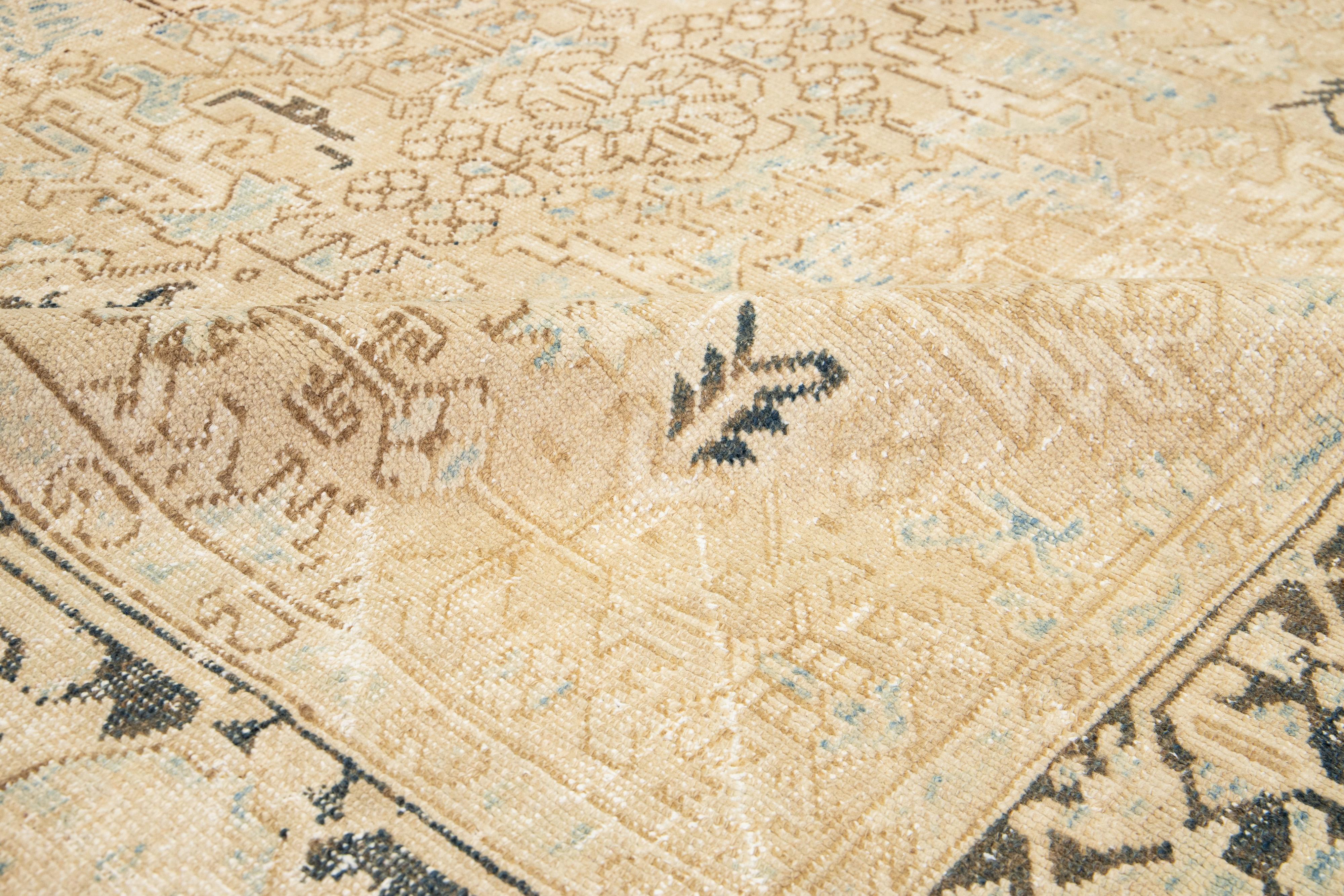 Hand-Knotted Persian Heriz Antique Shabby Chic Wool Rug In Beige with Allover Design For Sale