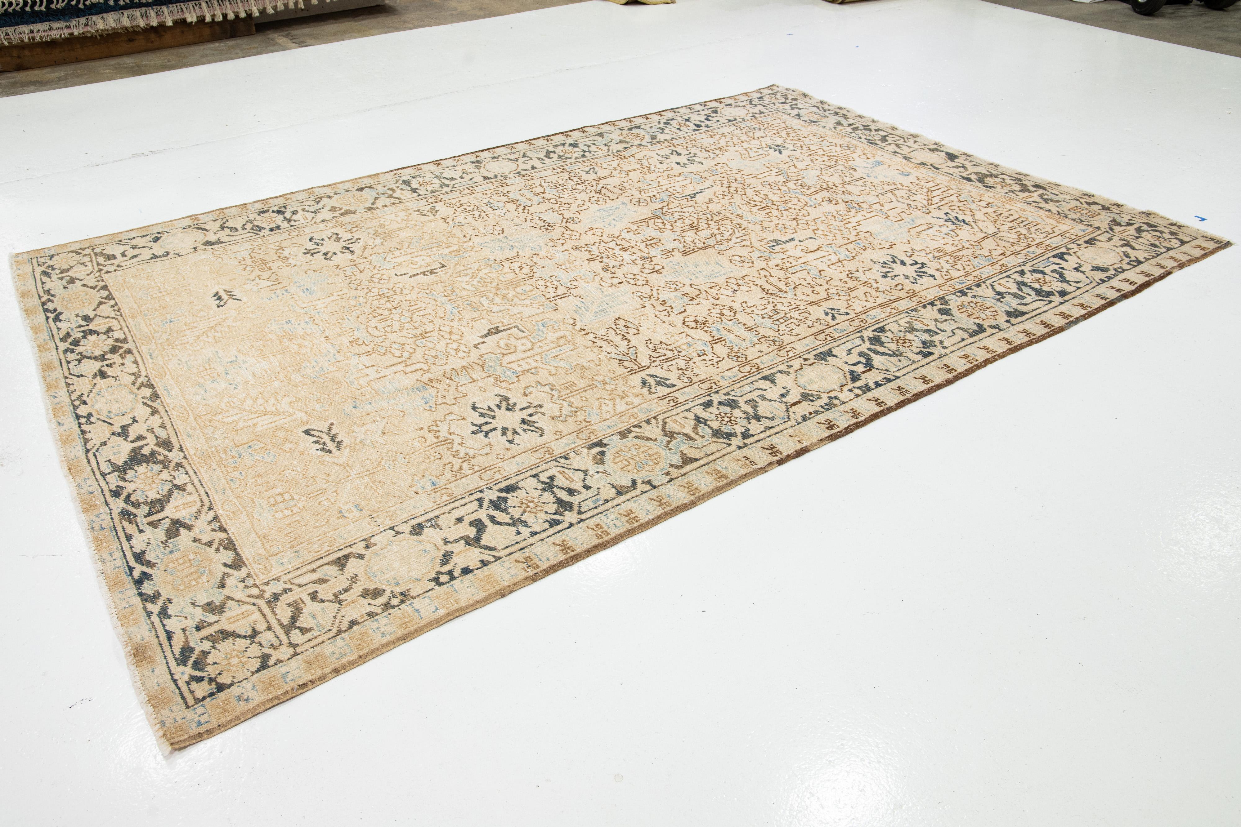 Persian Heriz Antique Shabby Chic Wool Rug In Beige with Allover Design In Excellent Condition For Sale In Norwalk, CT