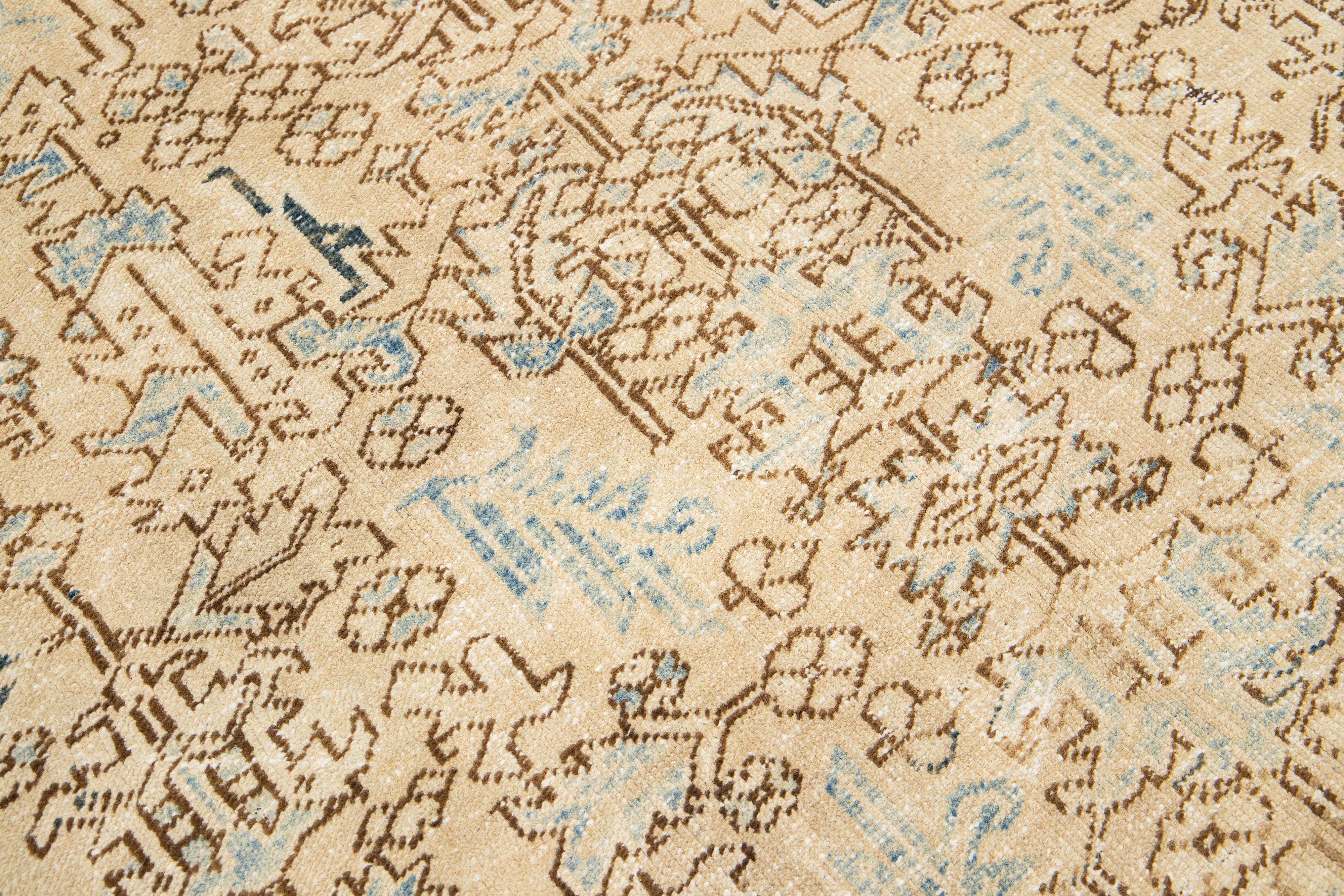 Early 20th Century Persian Heriz Antique Shabby Chic Wool Rug In Beige with Allover Design For Sale