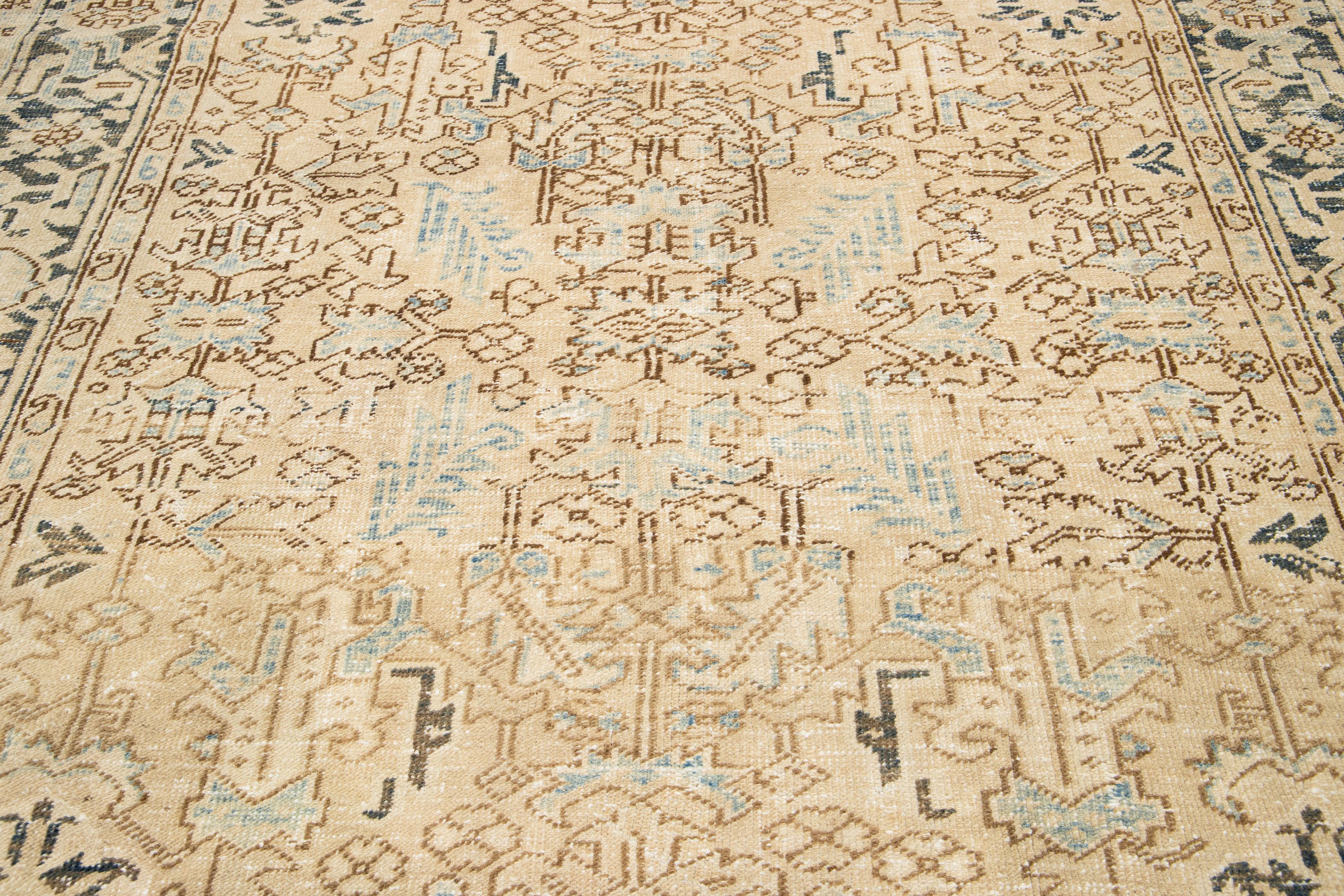 Persian Heriz Antique Shabby Chic Wool Rug In Beige with Allover Design For Sale 1