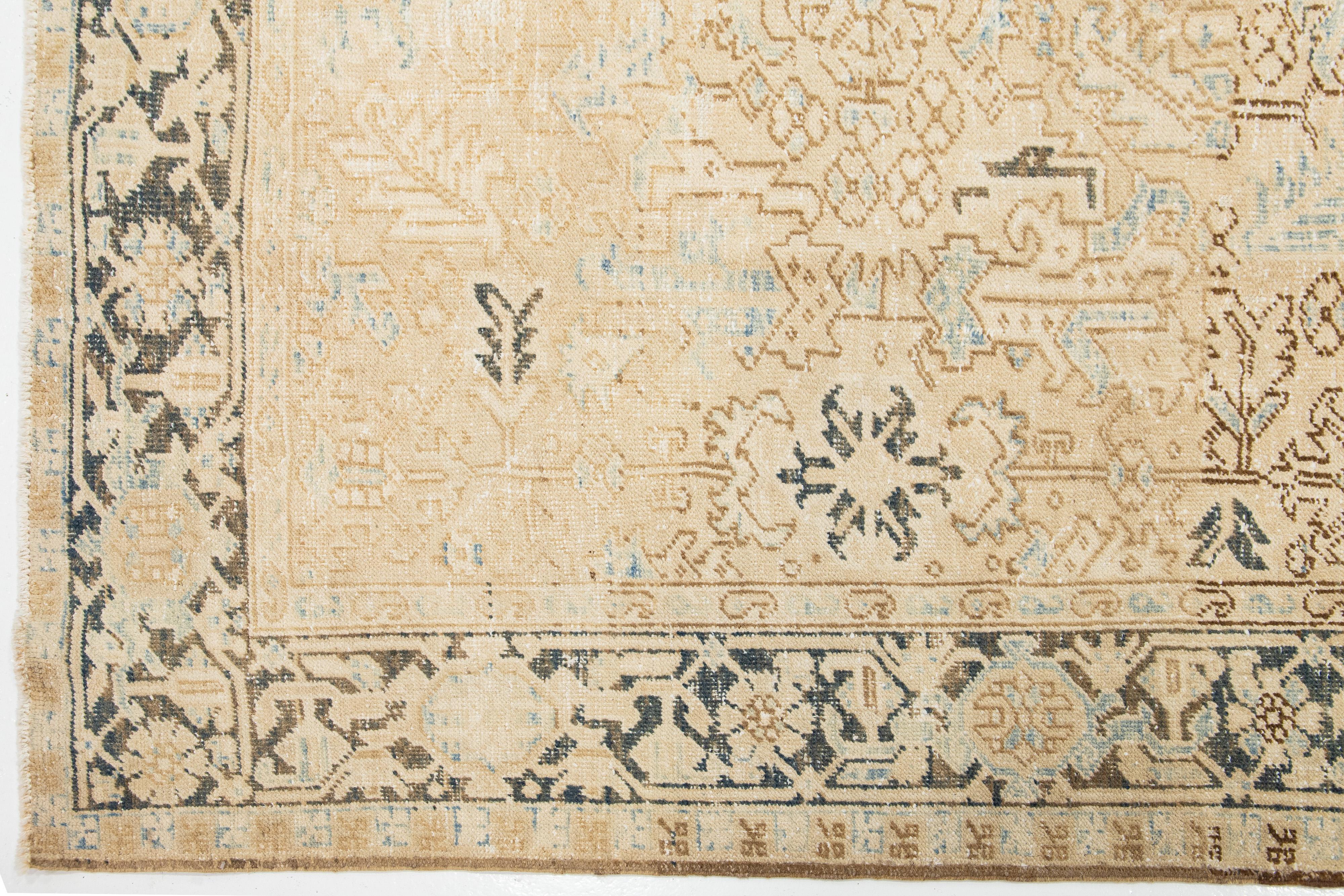 Persian Heriz Antique Shabby Chic Wool Rug In Beige with Allover Design For Sale 2