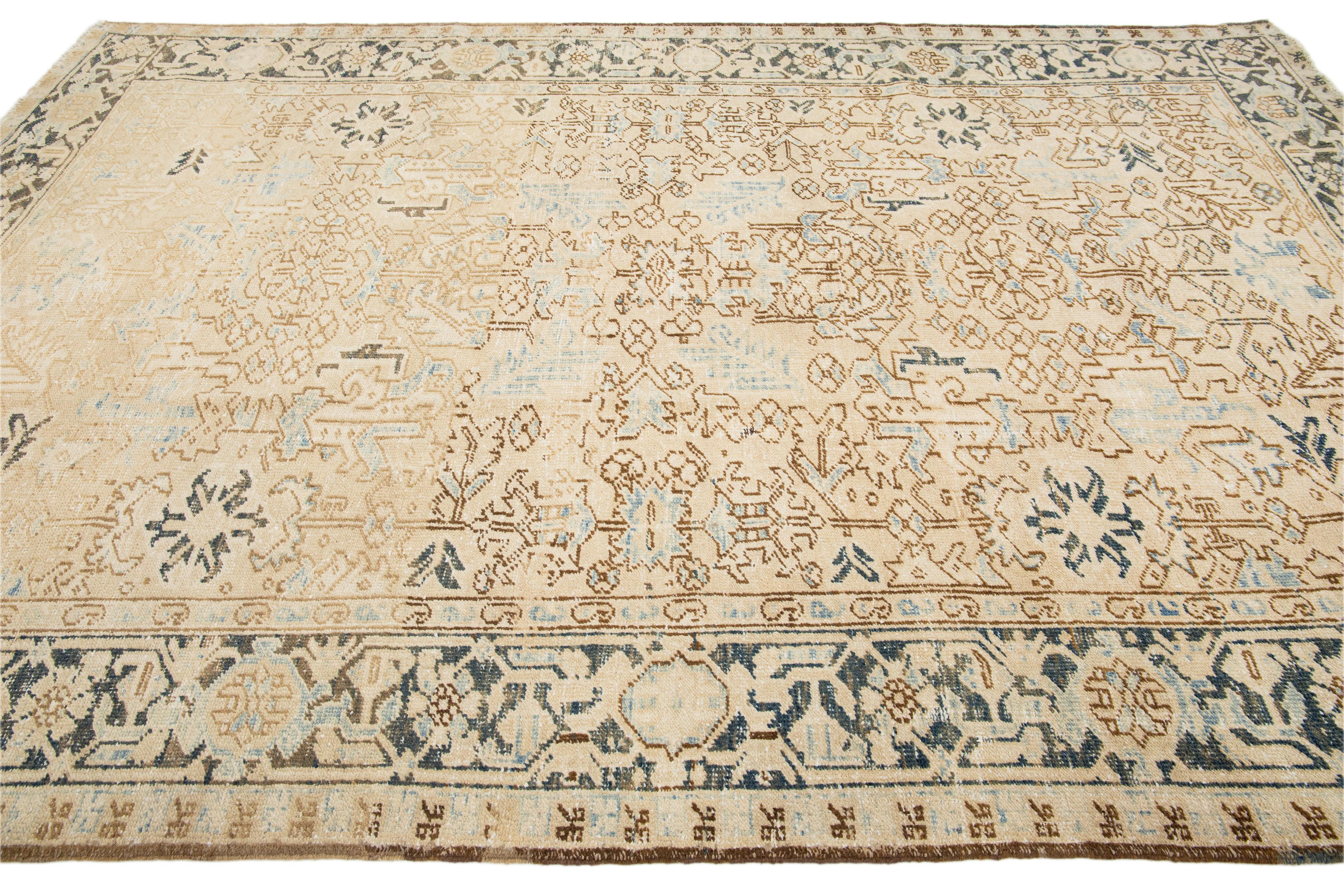Persian Heriz Antique Shabby Chic Wool Rug In Beige with Allover Design For Sale 3