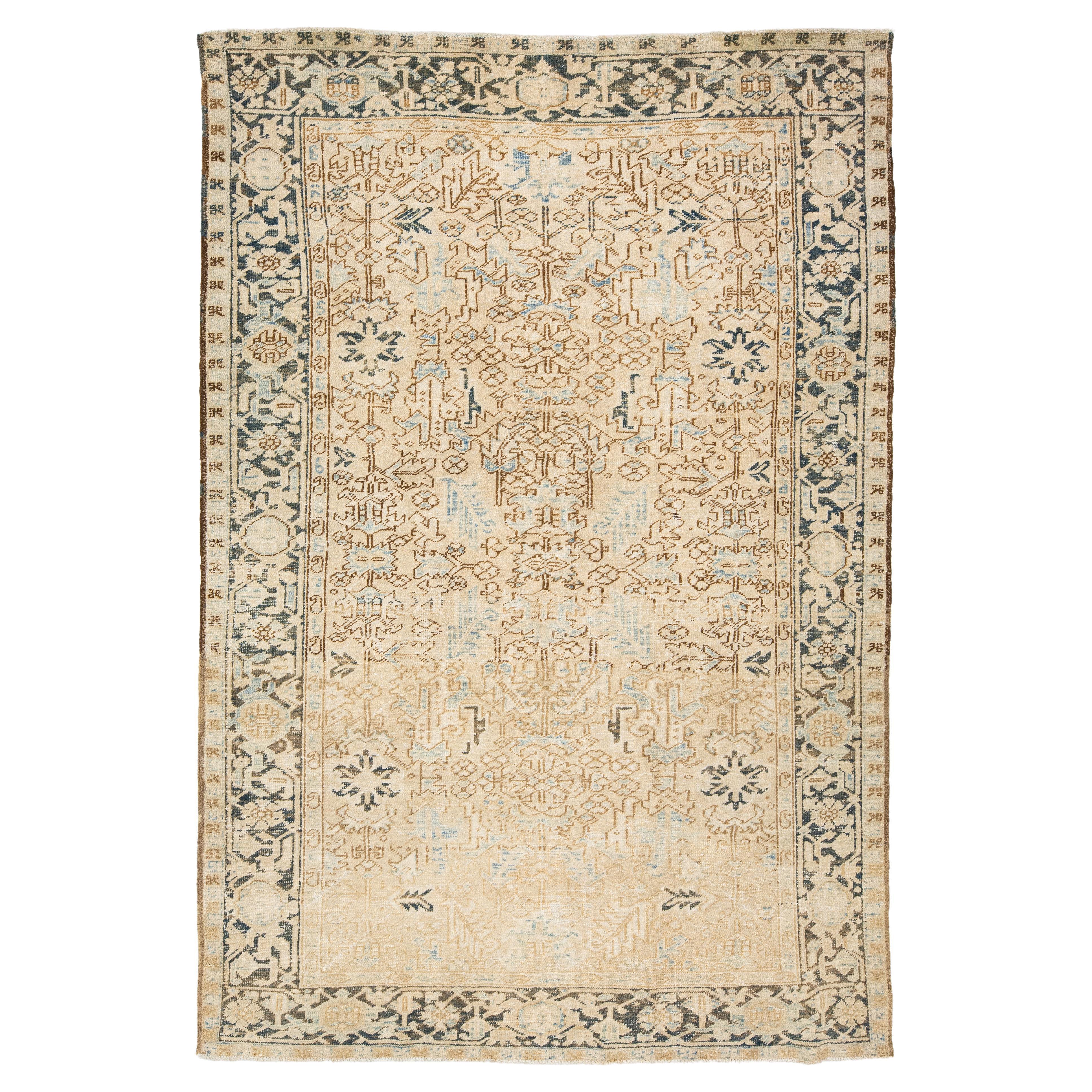 Persian Heriz Antique Shabby Chic Wool Rug In Beige with Allover Design For Sale