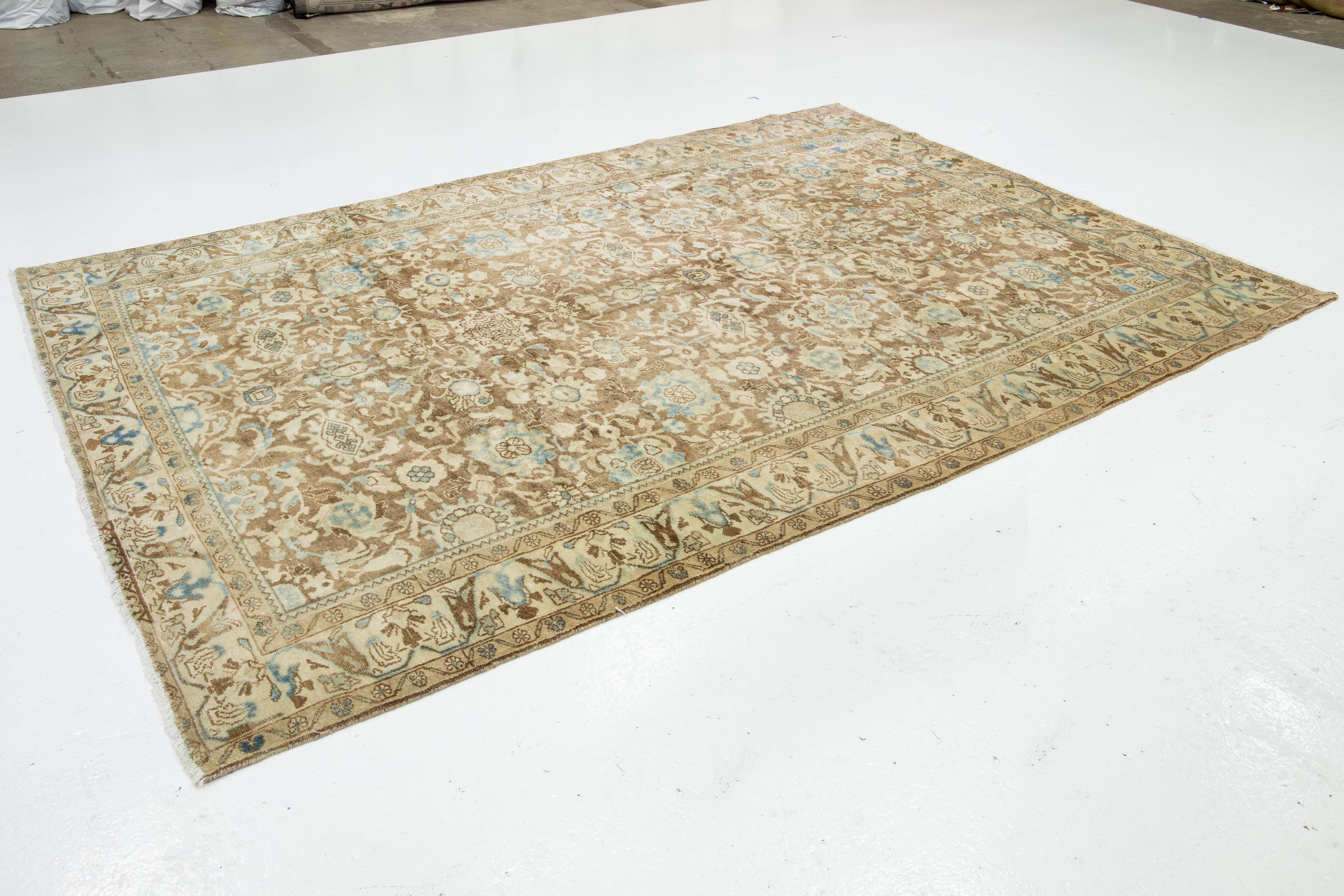 Persian Heriz Antique Wool Rug In Brown with Floral Design In Excellent Condition For Sale In Norwalk, CT