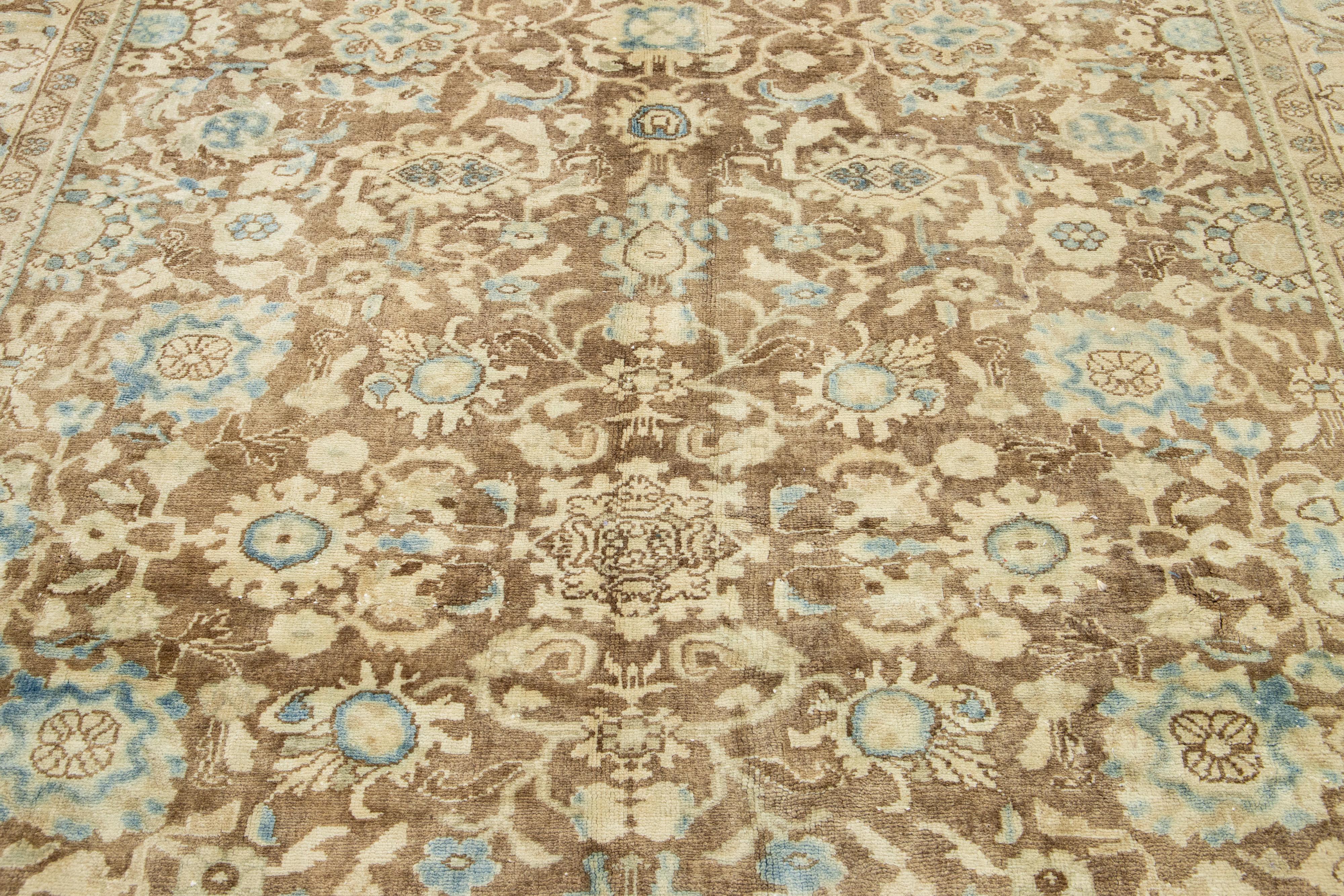 Persian Heriz Antique Wool Rug In Brown with Floral Design For Sale 1