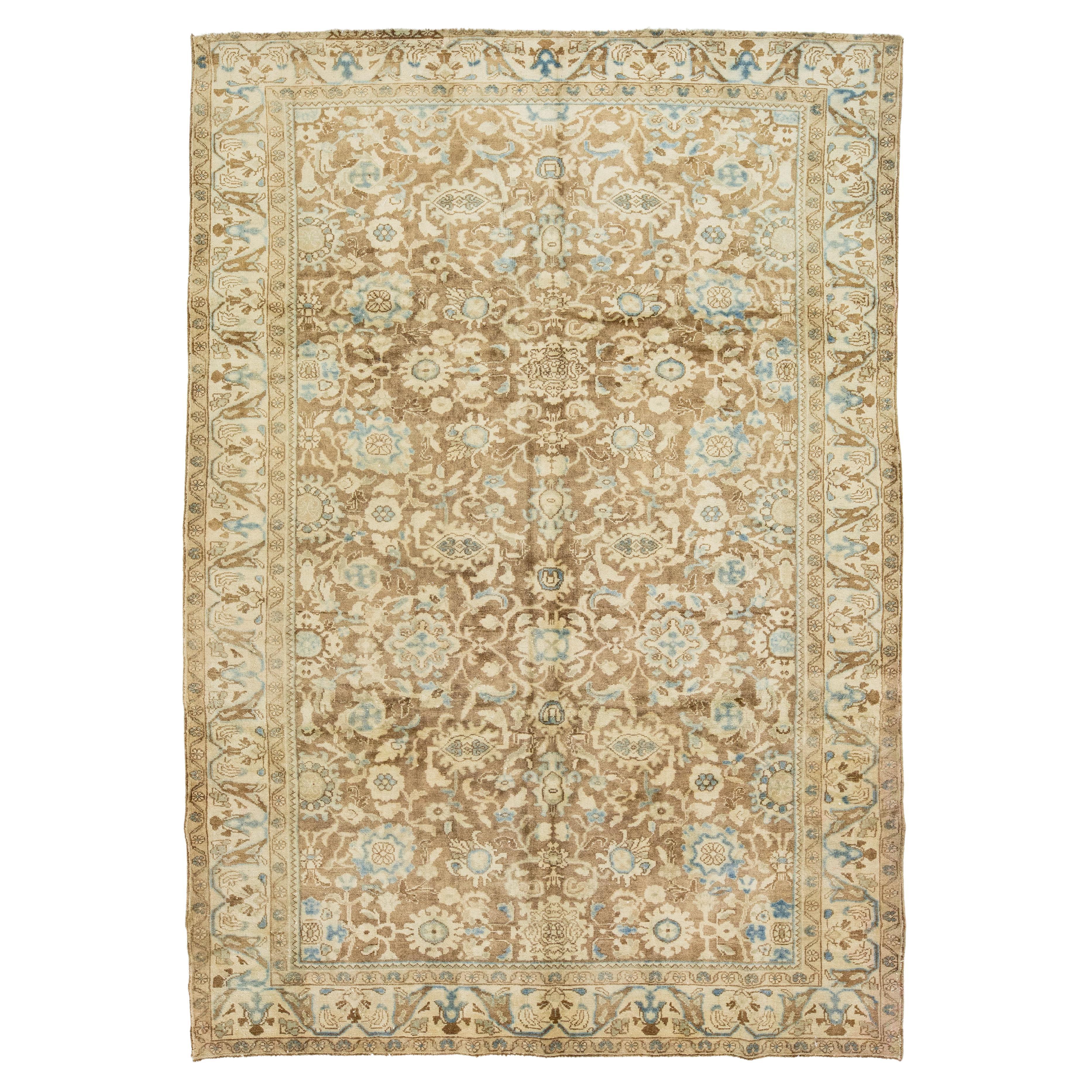 Persian Heriz Antique Wool Rug In Brown with Floral Design For Sale