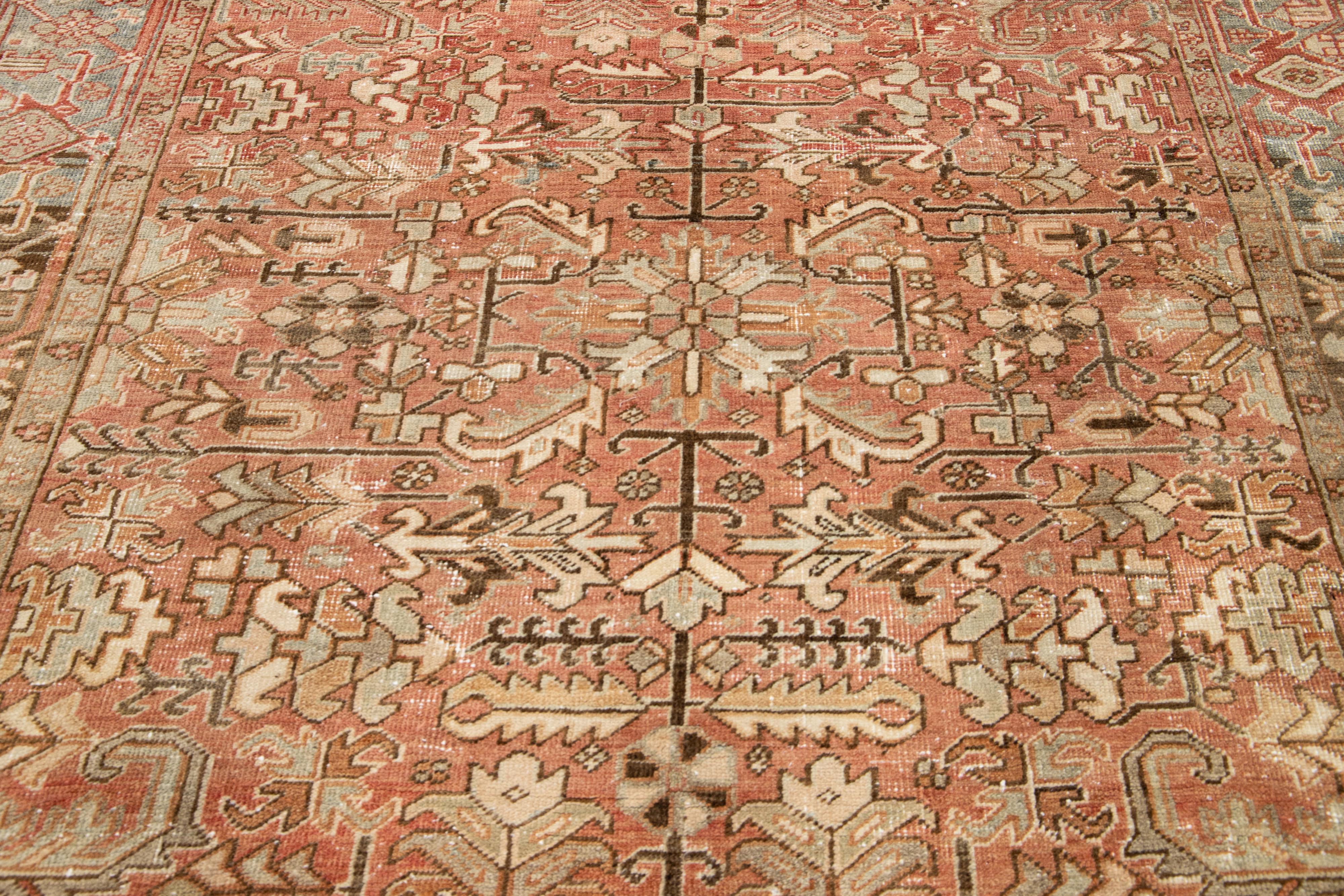 Persian Heriz Antique Wool Rug In Peach Featuring a Allover Motif  For Sale 2