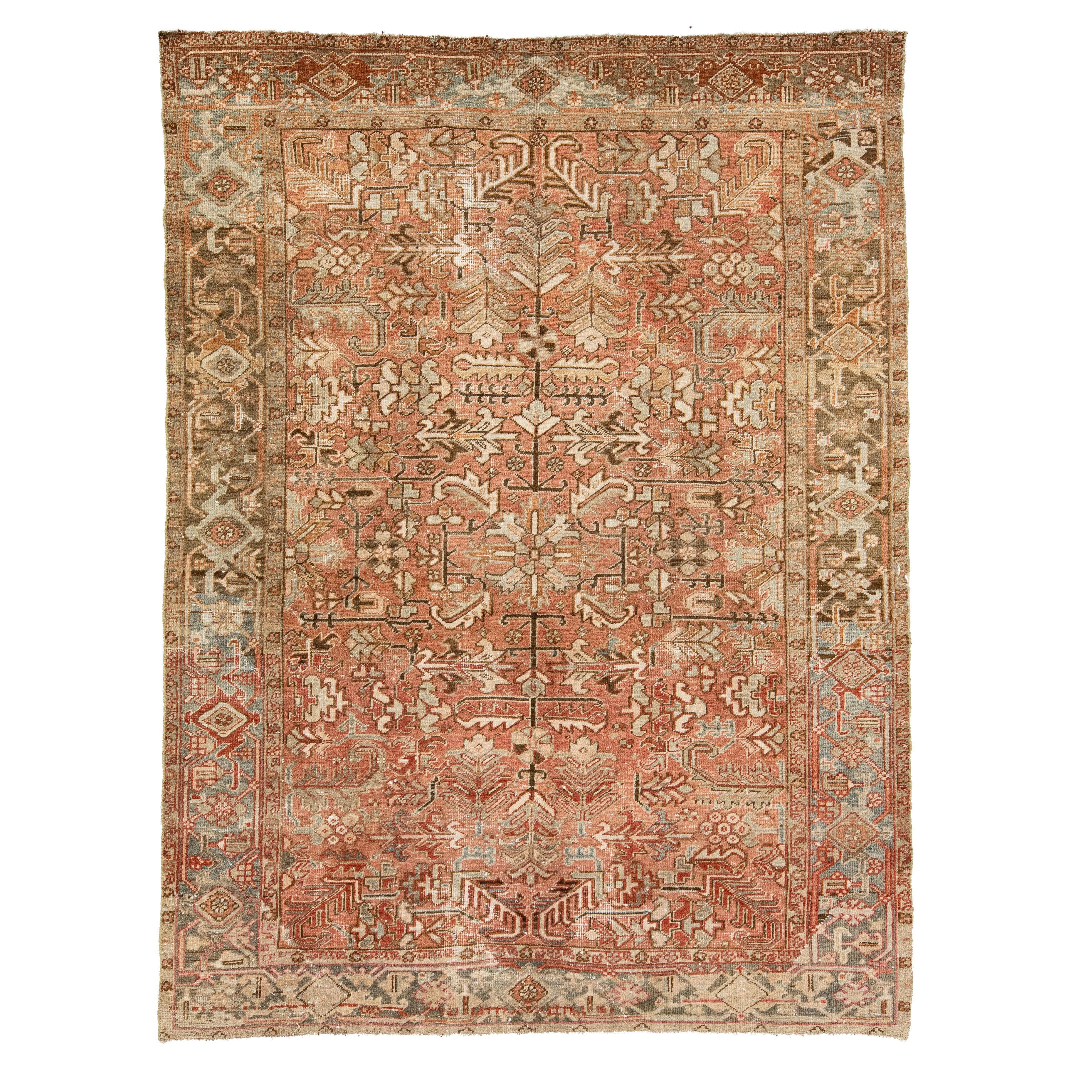 Persian Heriz Antique Wool Rug In Peach Featuring a Allover Motif  For Sale