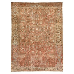 Persian Heriz Antique Wool Rug In Peach Featuring a Allover Motif 