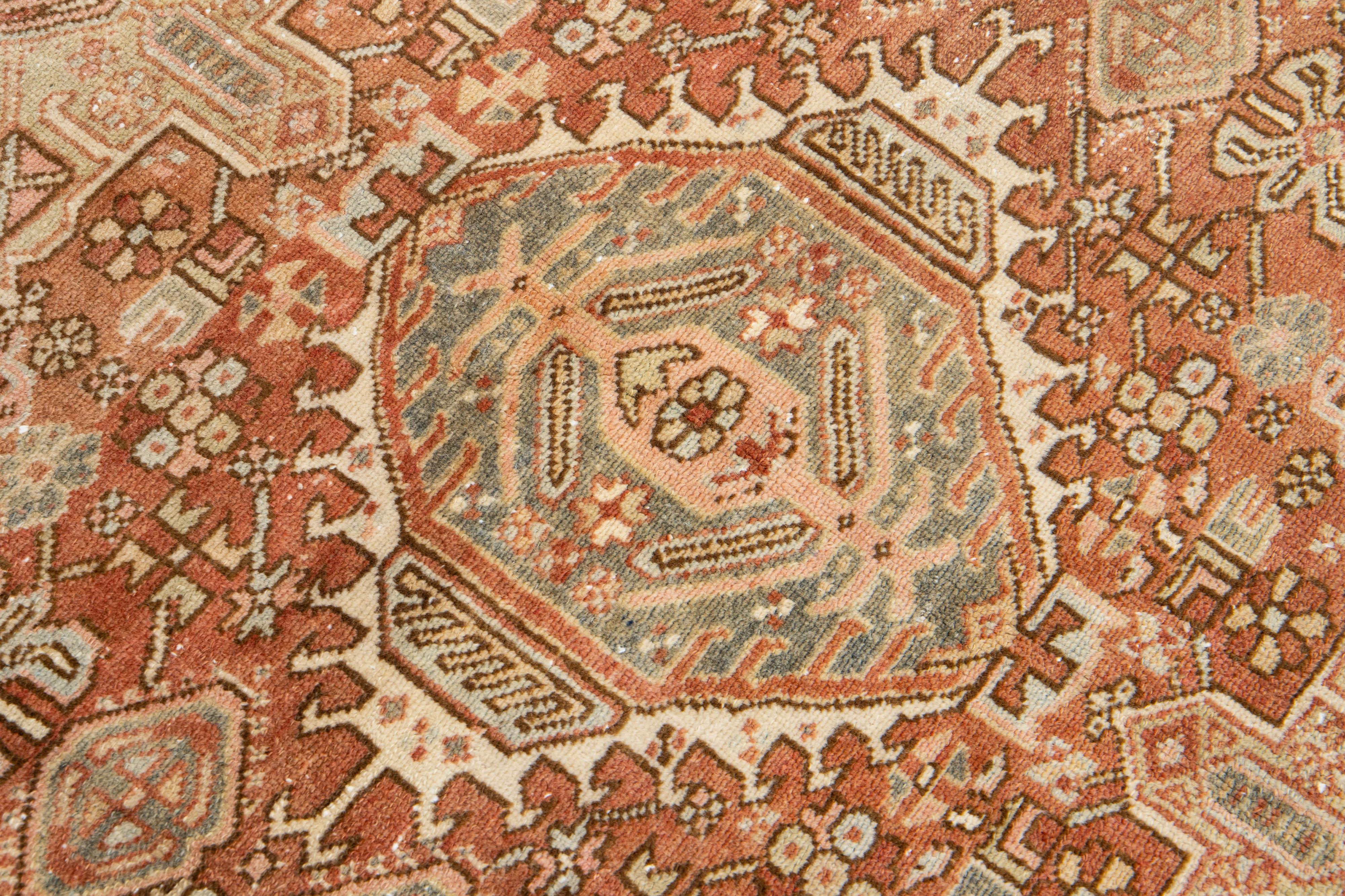 Persian Heriz Antique Wool Rug In Rust Color Featuring a Tribal Pattern For Sale 1