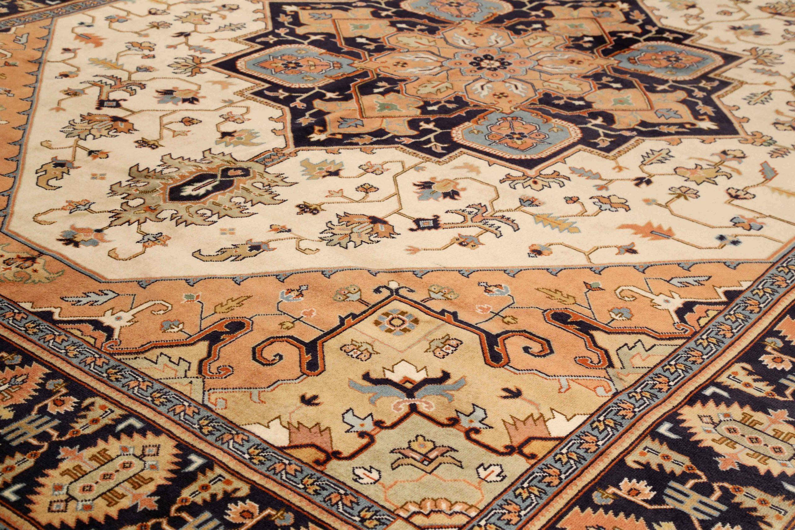 Alfombras Persas Heriz Circa 1940 - Lana Marfil Azul Marino Diseño Rojo - 75302 Asiático en venta