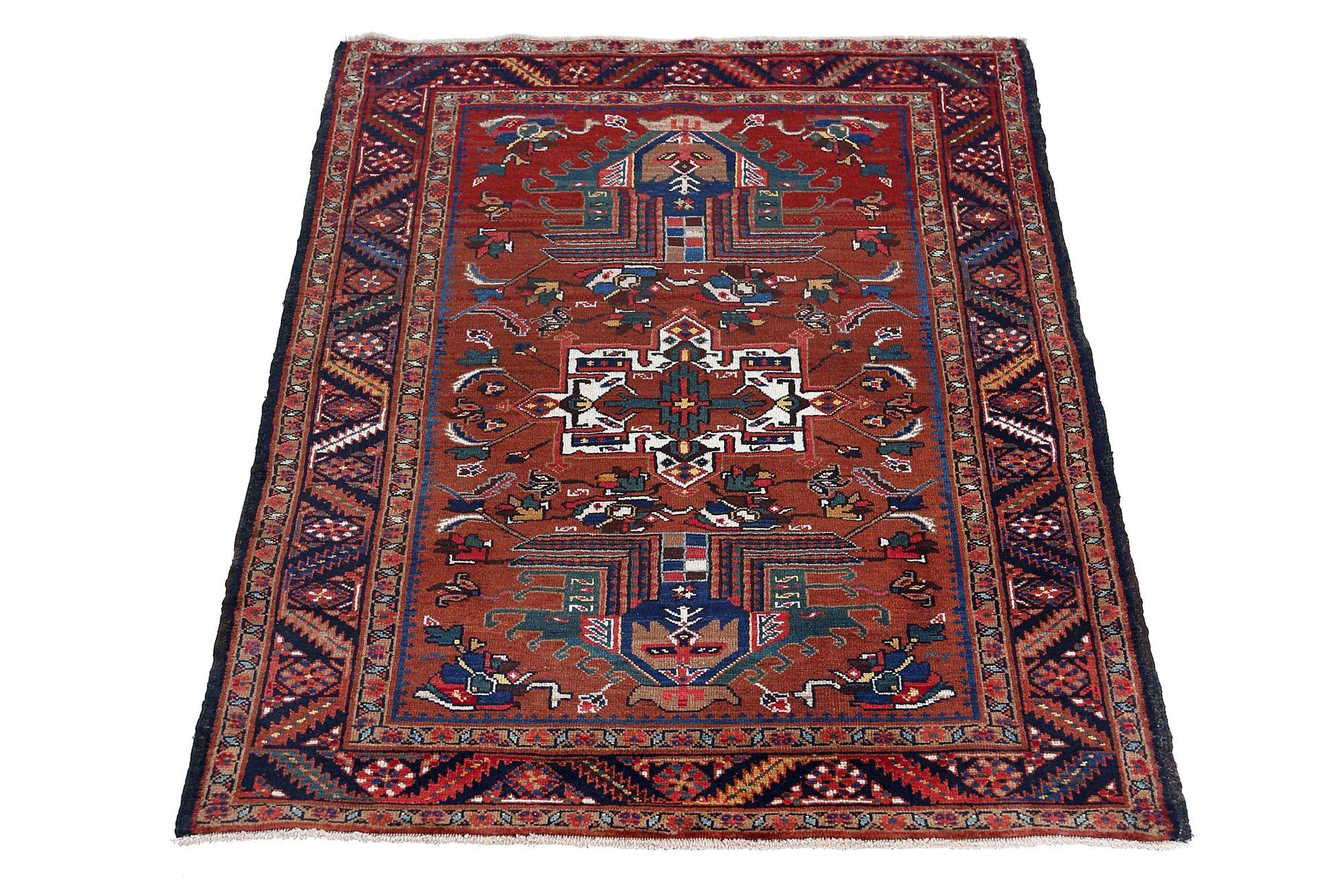 Persische Heriz Teppiche - Wolle Blau Braun Elfenbein Rot Design - 97907 (20. Jahrhundert) im Angebot