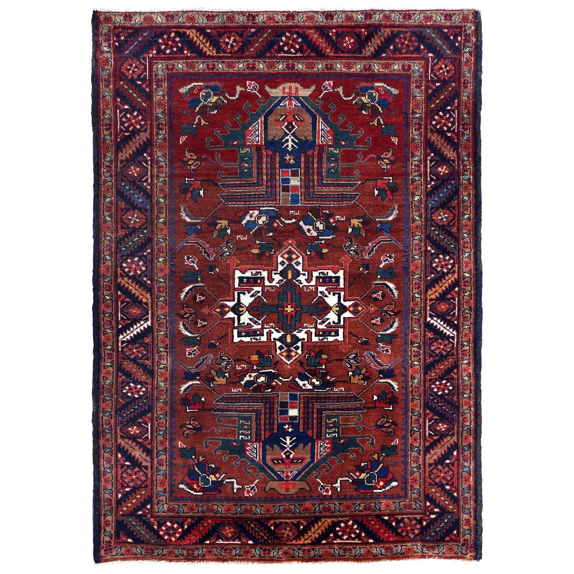 Persische Heriz Teppiche - Wolle Blau Braun Elfenbein Rot Design - 97907