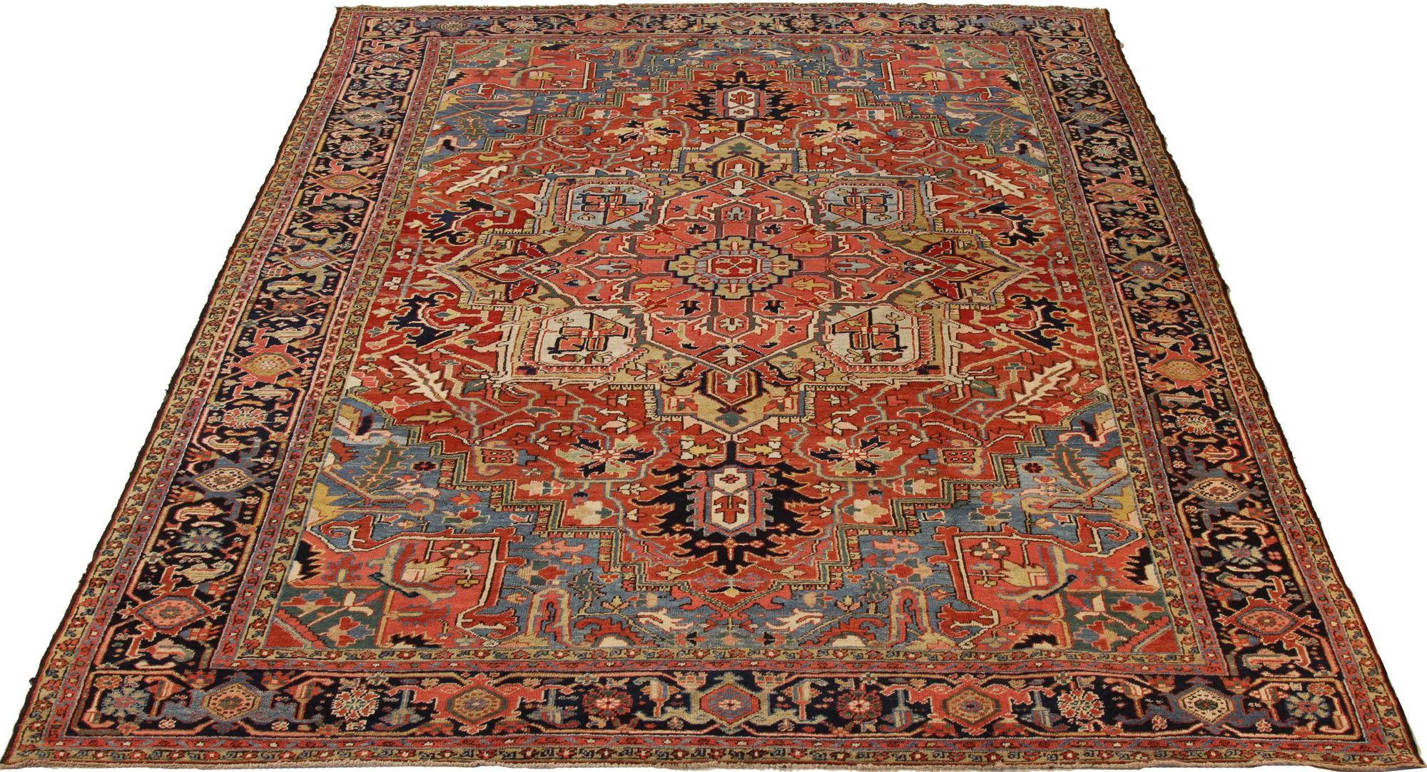 Tapis persans Heriz - Laine bleu ivoire rose rouge jaune - 69544 Excellent état - En vente à Dallas, TX