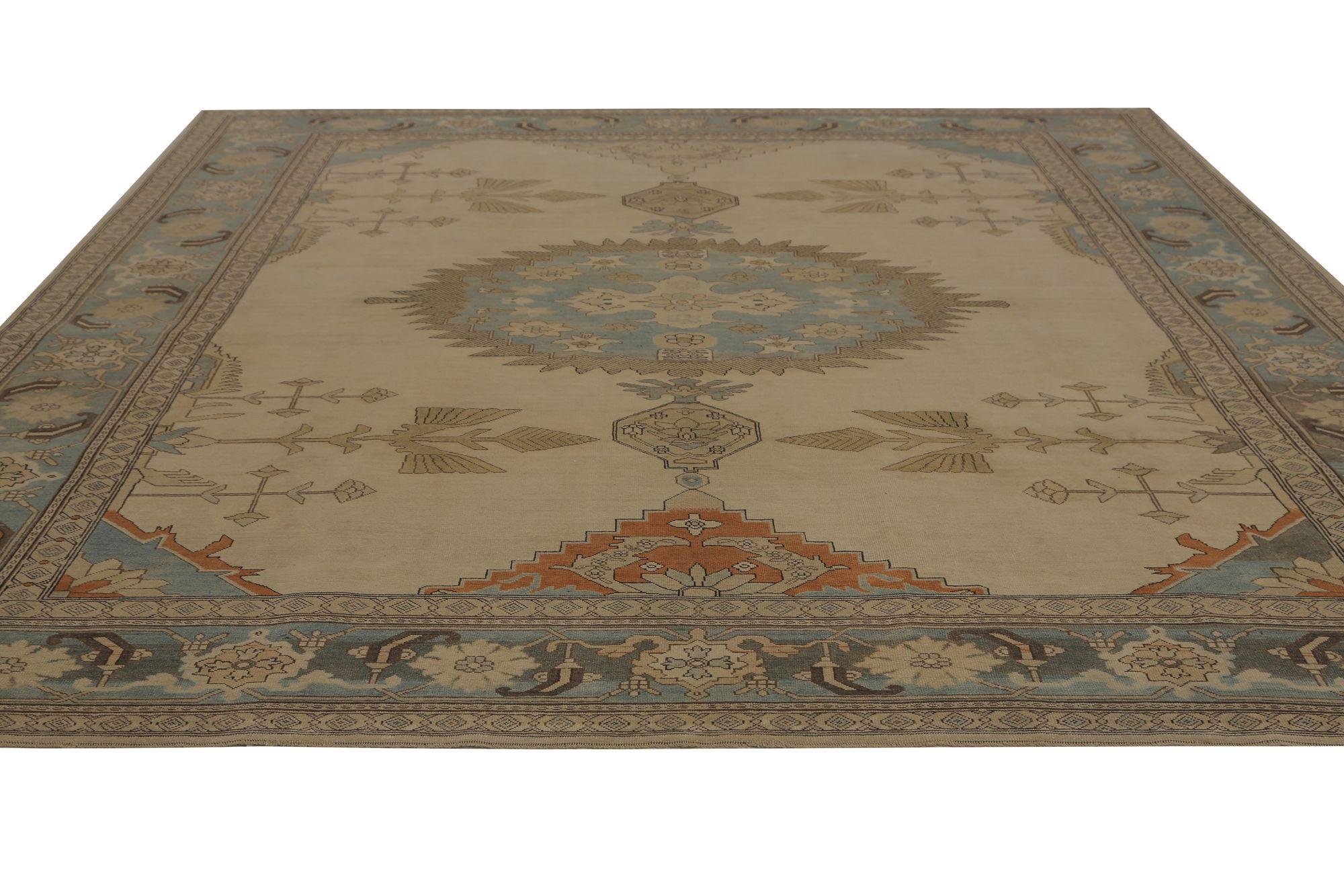 Iraqi Persian Heriz Area Rugs - Wool Blue Ivory Taupe Design - 97199 For Sale