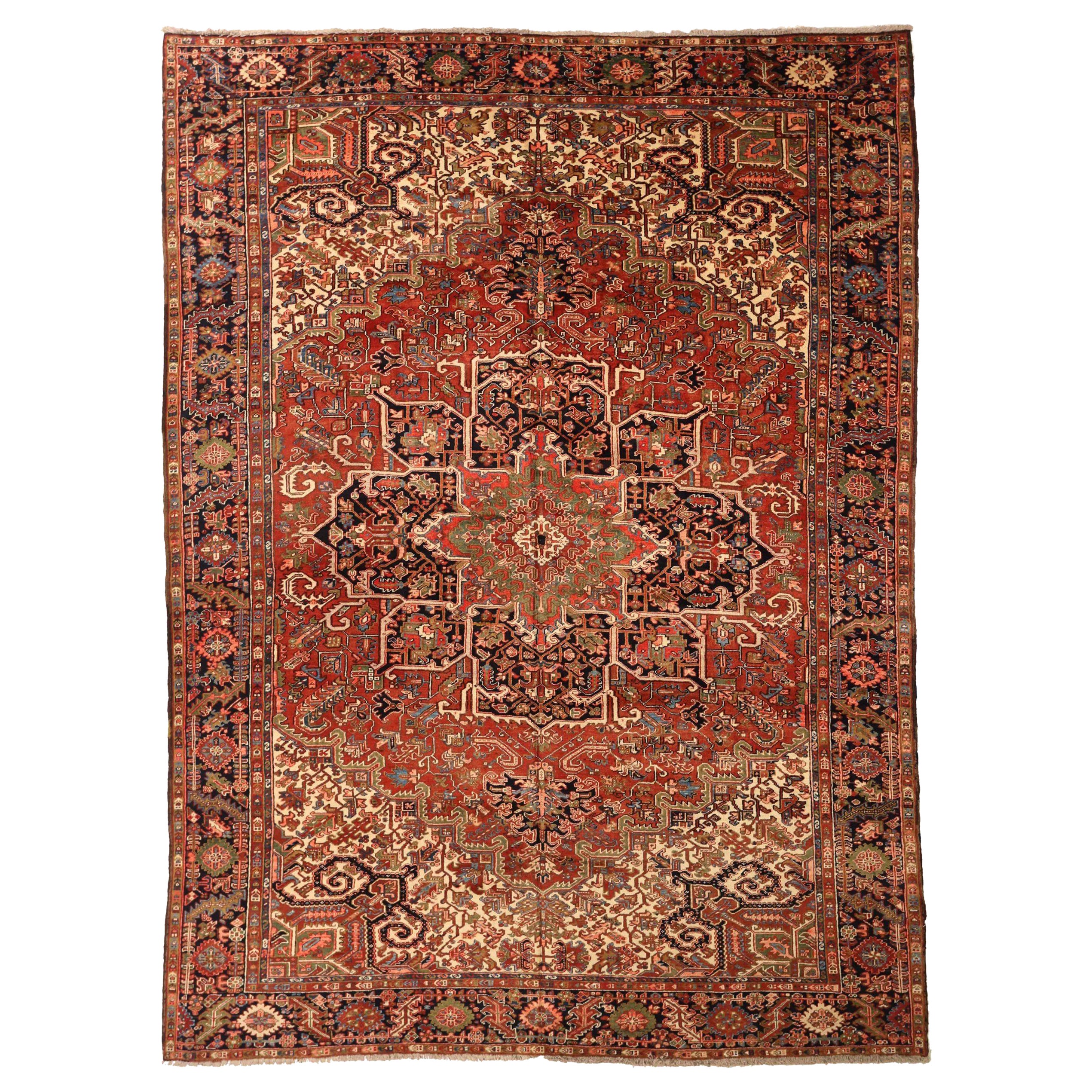 Persische Heriz-Teppiche - Wolle Elfenbein Marineblau Blau Rot Design - 75240