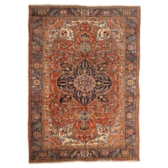 Persian Heriz Area Rugs - Wool Ivory Navy Blue Red Design - 75359