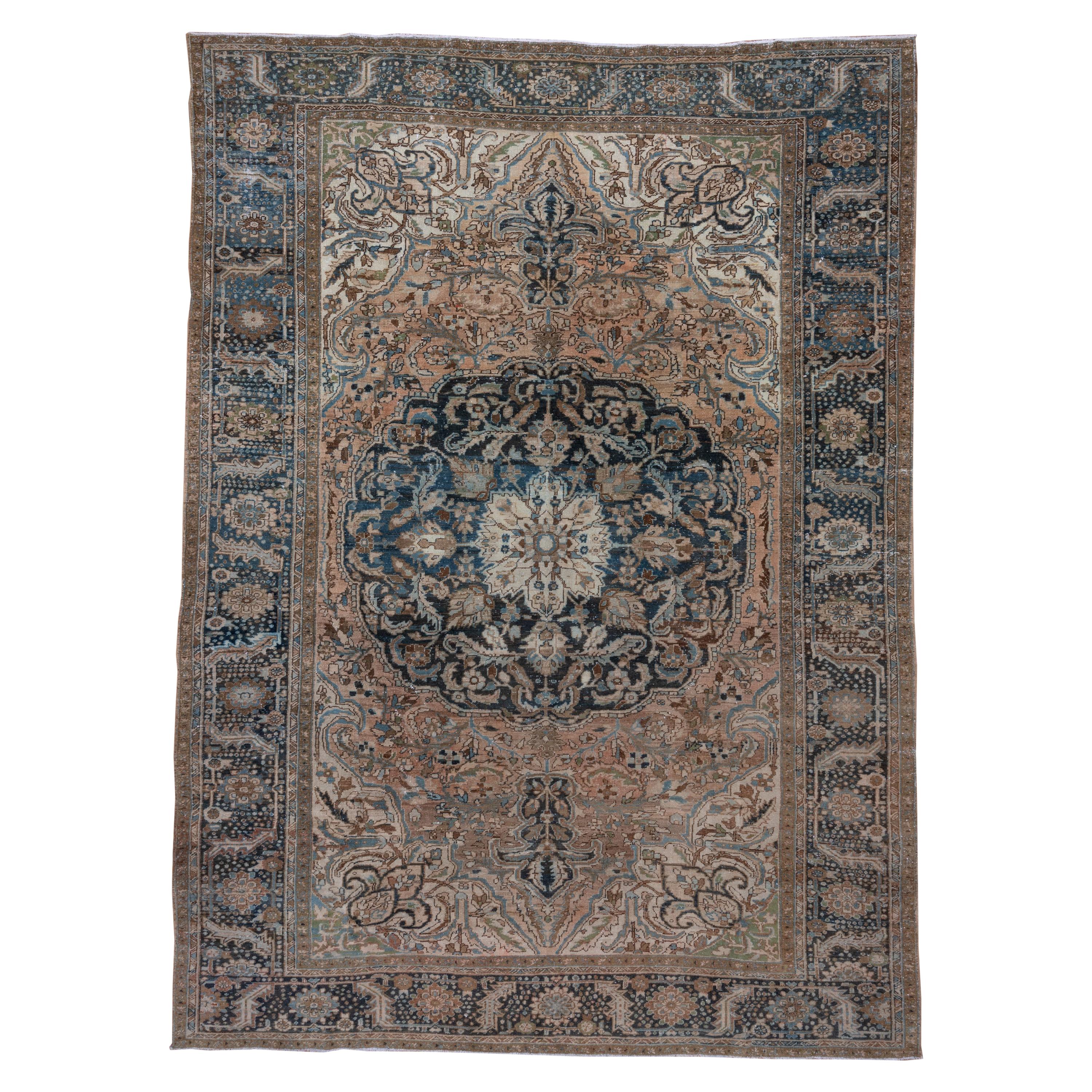 Persian Heriz Carpet, Blue and Dark Green Border, Medallion, Peach Outer Field