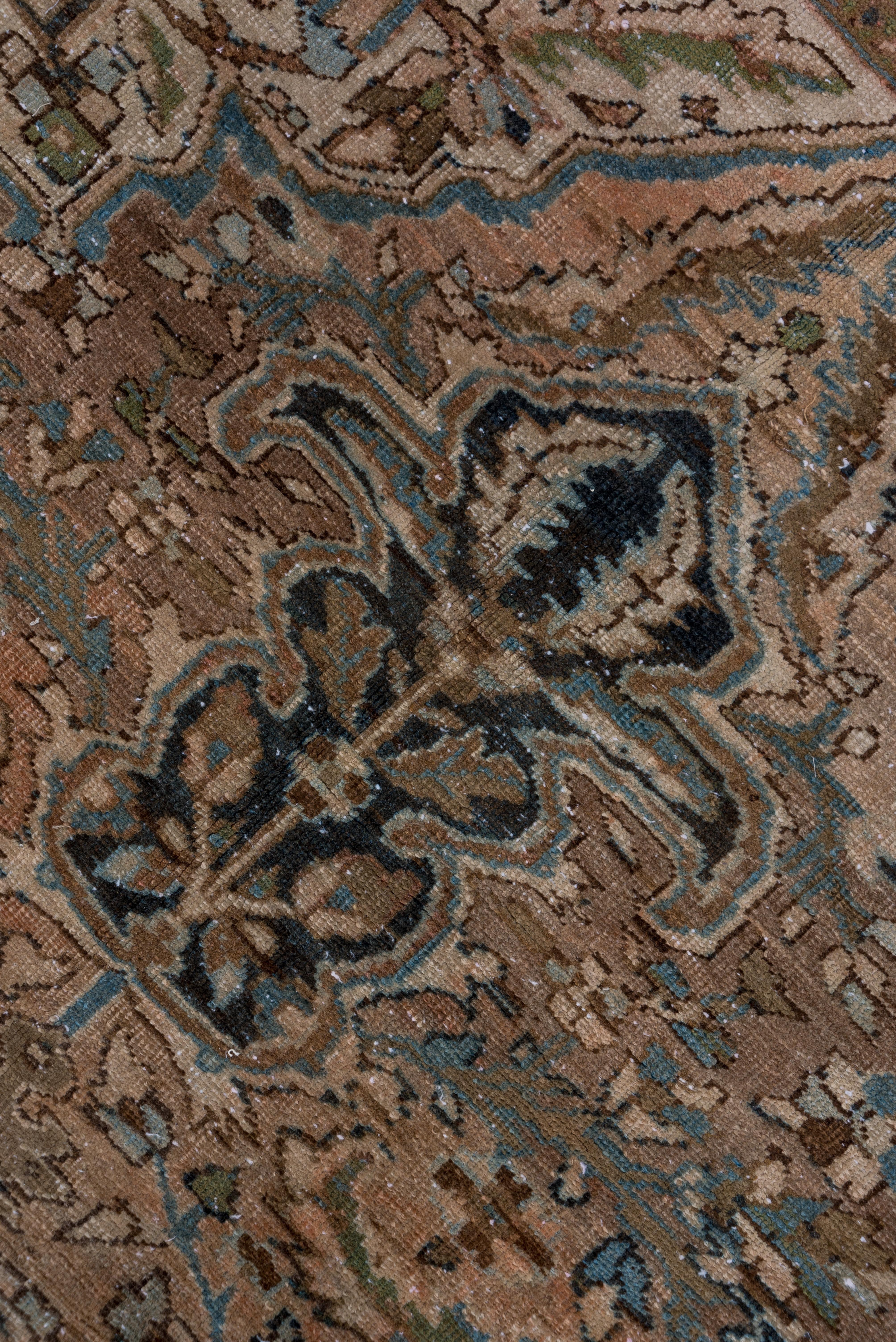 Hand-Knotted Persian Heriz Carpet, Blue and Dark Green Border, Medallion, Peach Outer Field