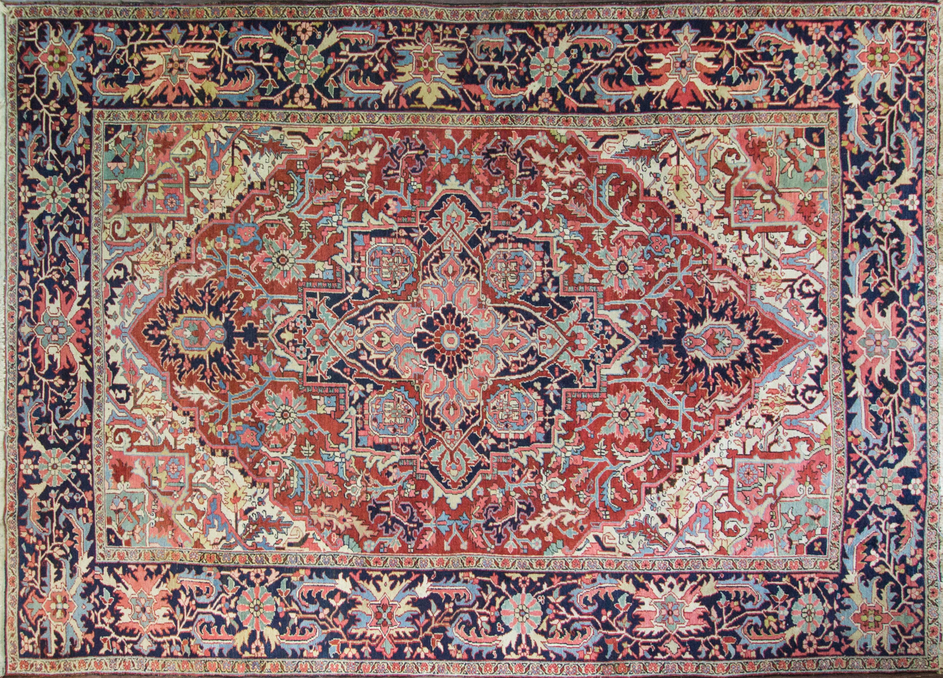 Great large size Persian Heriz with incredible colors.
A charming antique Persian Heriz carpet it has a range of outstanding colors. A great painting is measure by beauty of its colors and the same statement goes for this rug. Heriz rugs are