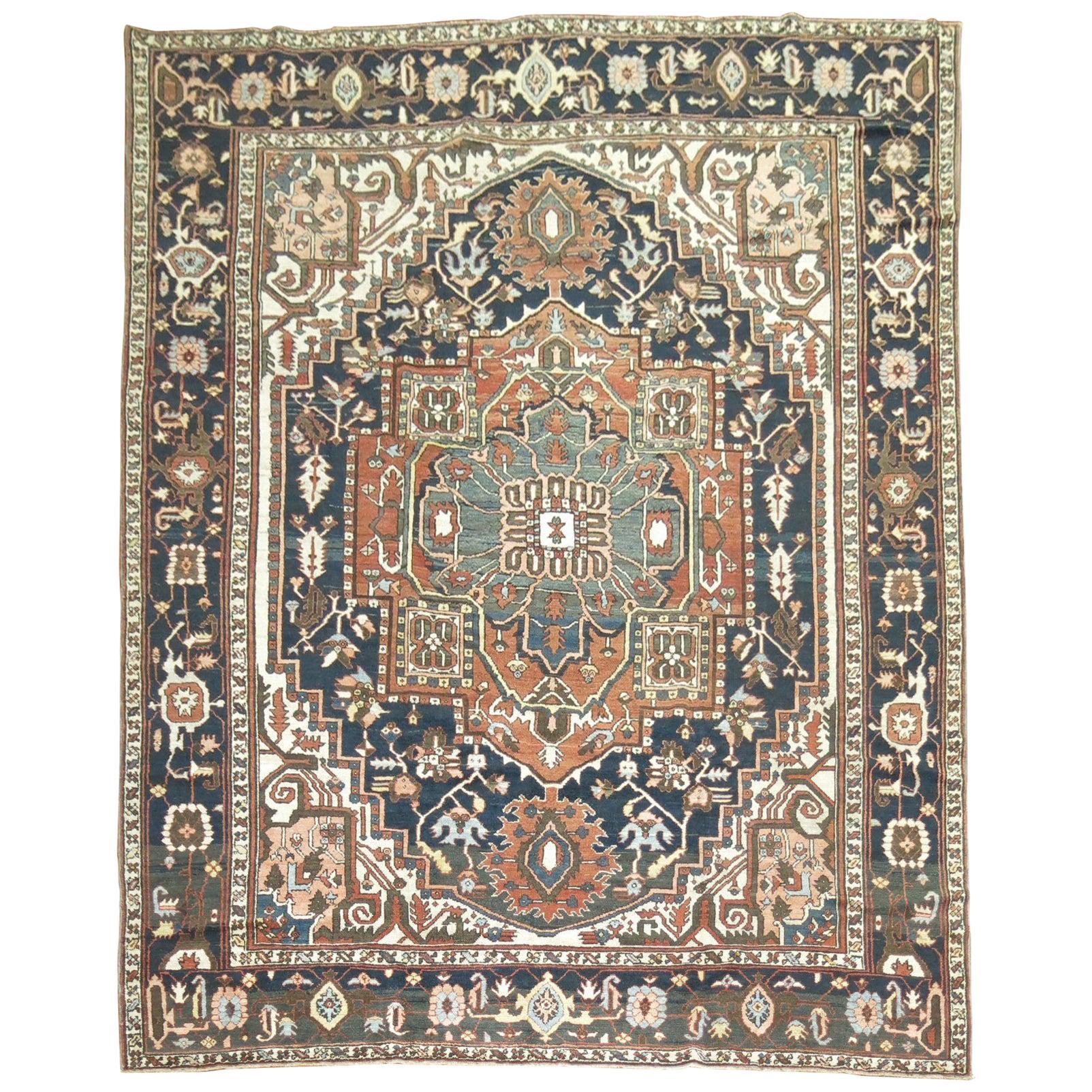 Persian Heriz Charcoal Brown Navy Room Size Early 20th Century Masculine Rug For Sale