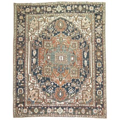 Alfombra Masculina Persa Heriz Marrón Carbón Marina Tamaño Habitación Principios Siglo XX