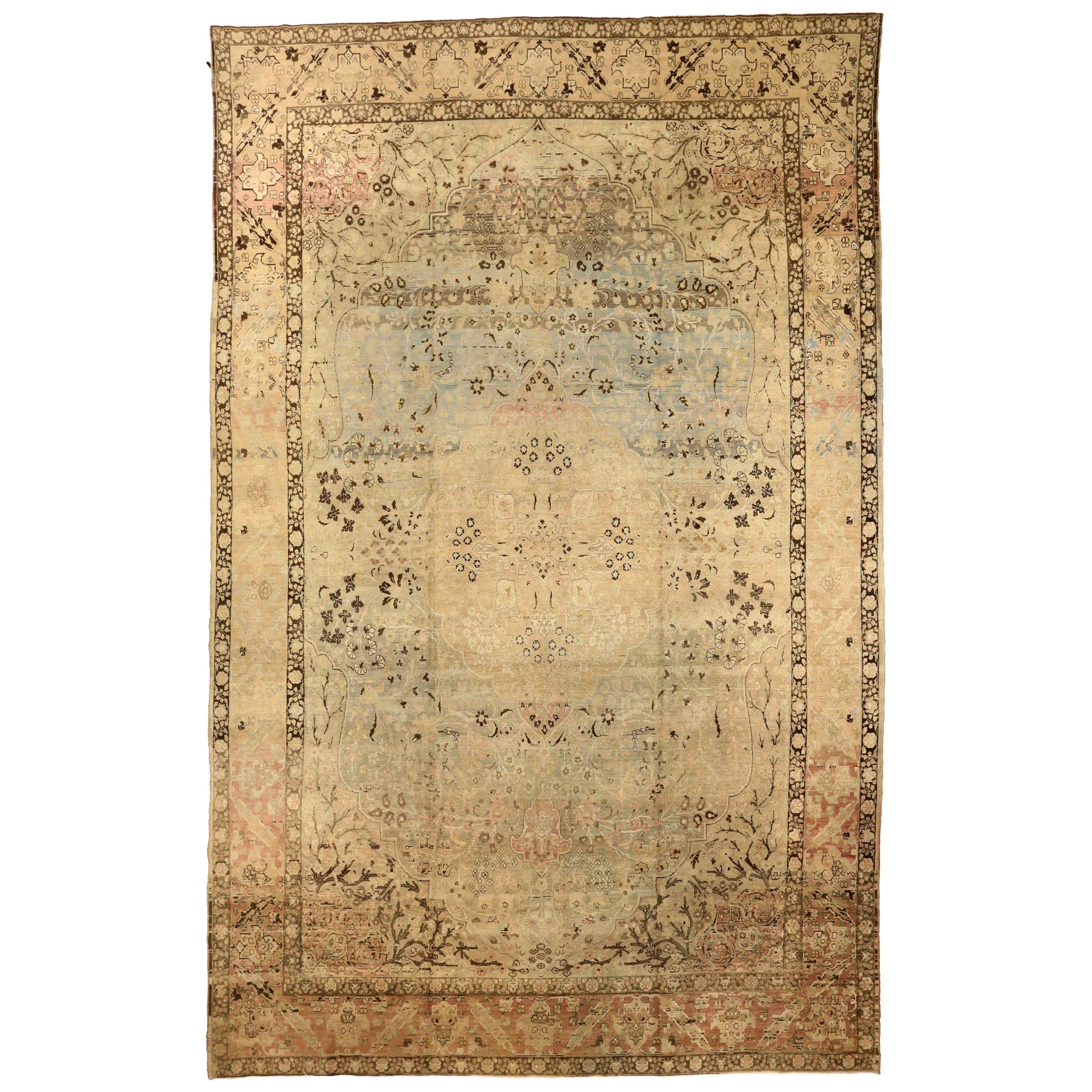 Persischer Heriz Over Size Teppich - Wolle Blau Braun Elfenbein Rosa - 75933 im Angebot