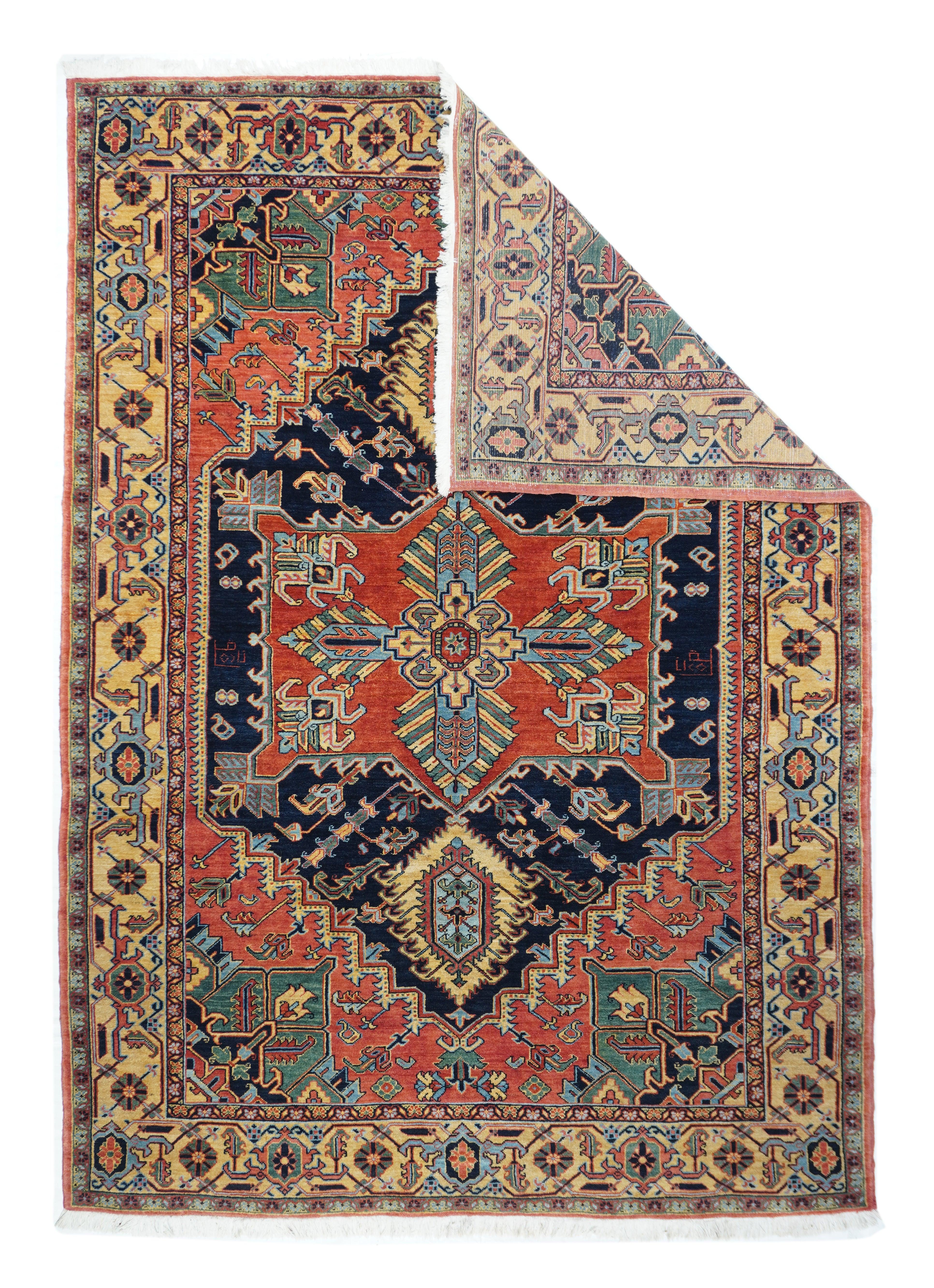Persian Heriz Rug 6'8'' x 9'4''. The numerous rugs of the famous NW Persian weaving district, from small scatters to giant carpets and a few runners, in semi-geometric medallion, centralised and strictly allover patterns, on cotton foundations, with